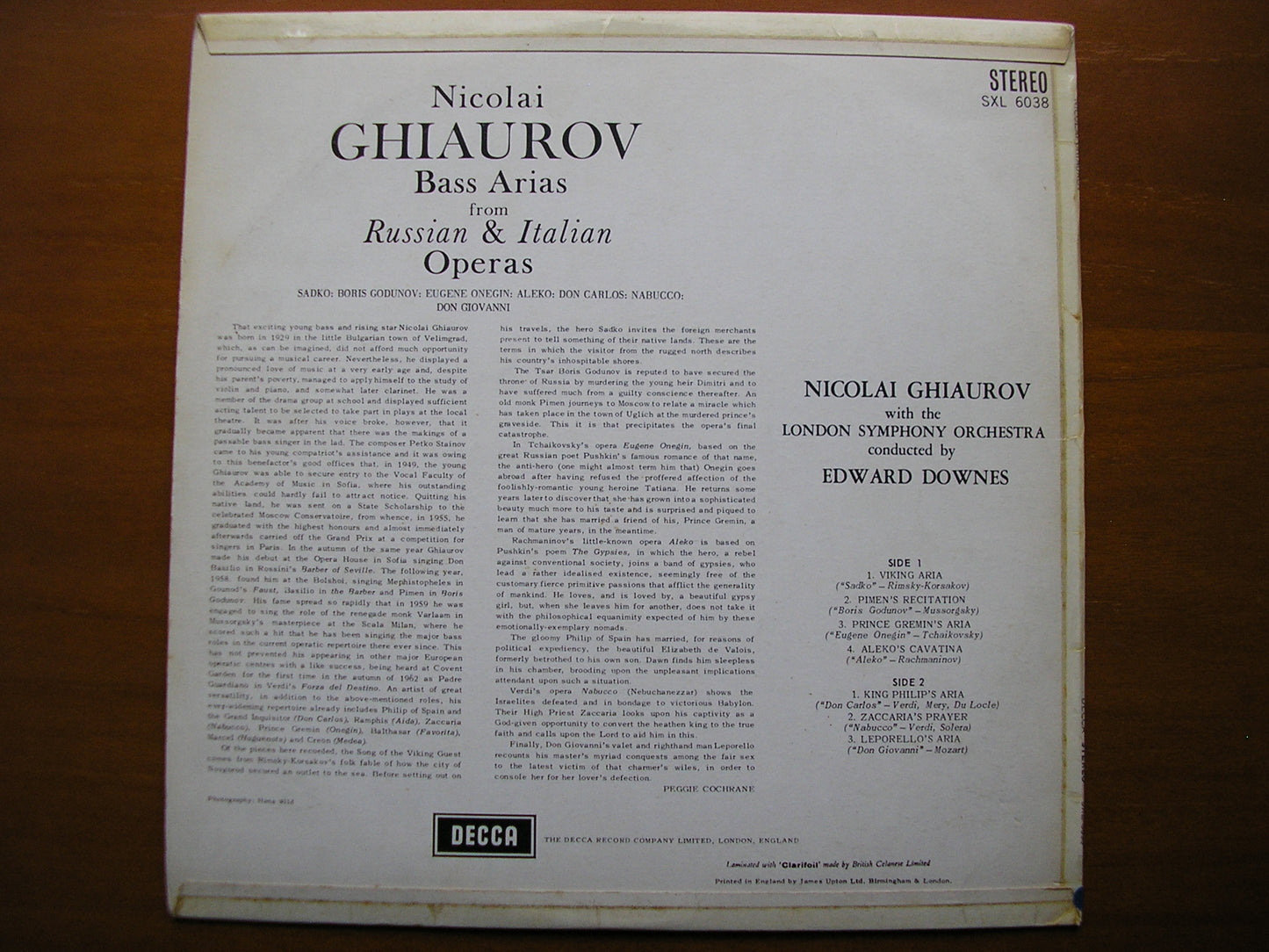 SXL 6038 OPERA ARIAS: VERDI / RACHMANINOV / RIMSKY-KORSAKOV / MUSSORGSKY GHIAUROV / LONDON SYMPHONY / DOWNES ED1