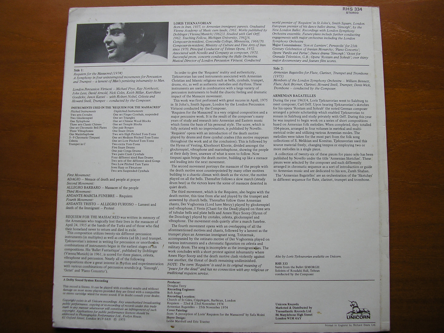 TJEKNAVORIAN: REQUIEM FOR THE MASSACRED / ARMENIAN BAGATELLES LONDON PERCUSSION VIRTUOSI / TJEKNAVORIAN RHS 334