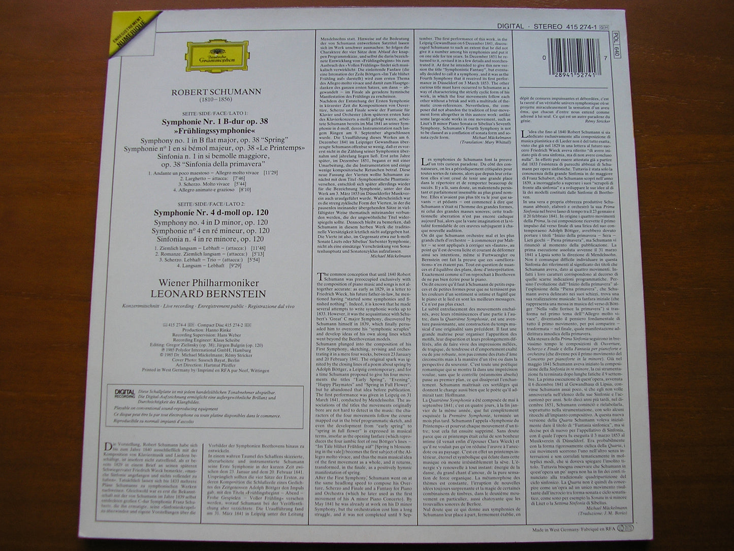 SCHUMANN: SYMPHONIES Nos. 1 & 4     BERNSTEIN / VIENNA PHILHARMONIC    415 274