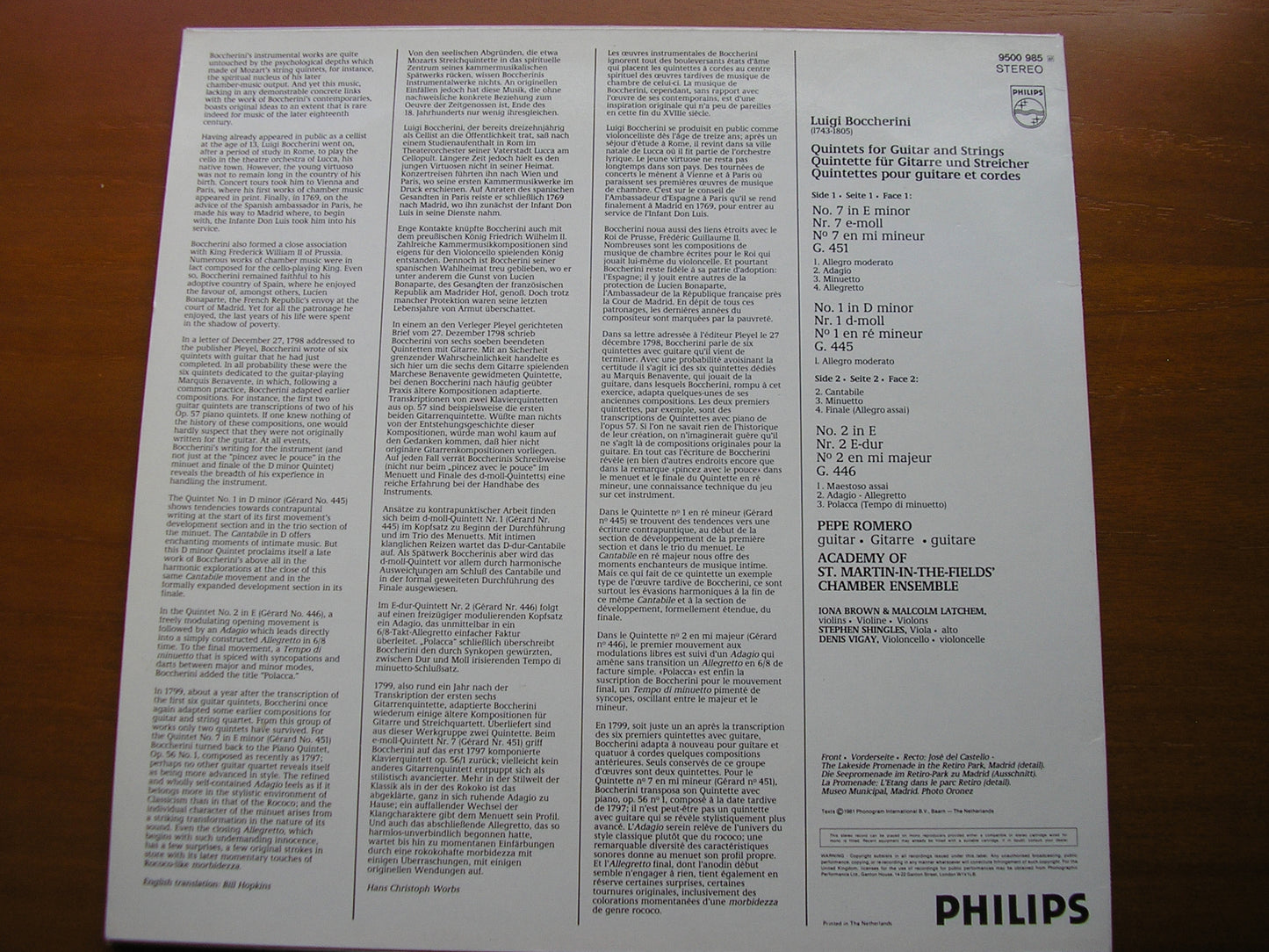 BOCCHERINI: GUITAR QUINTETS  Nos. 1 / 2 / 7        ROMERO / ACADEMY OF St MARTIN IN THE FIELDS      9500 985