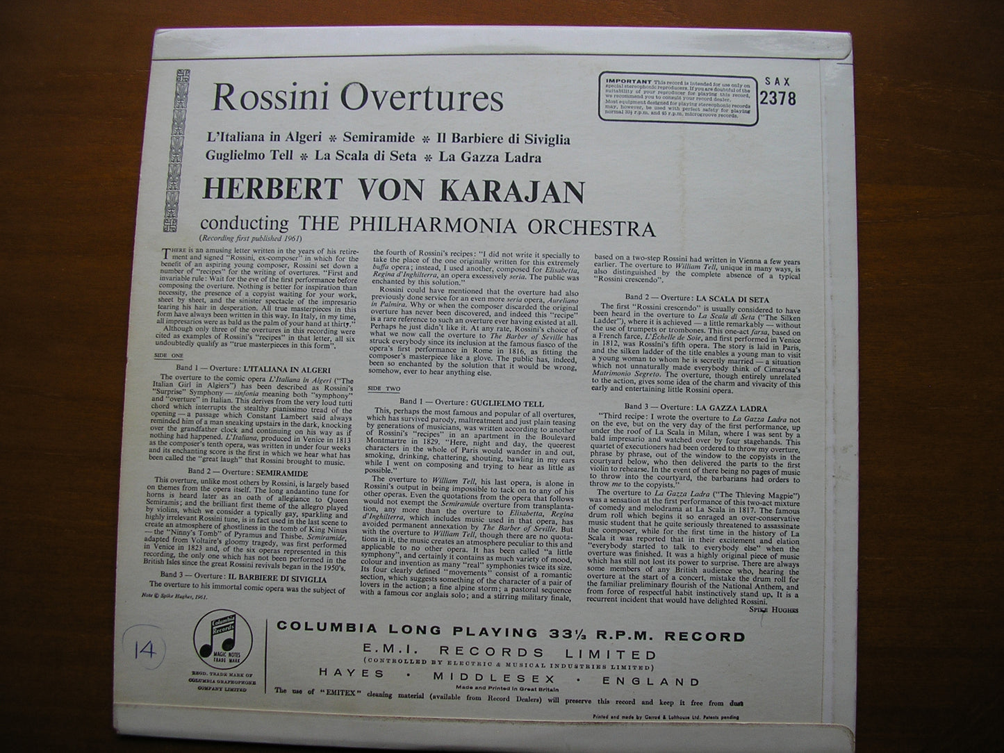 ROSSINI: SIX OVERTURES KARAJAN / PHILHARMONIA SAX 2378