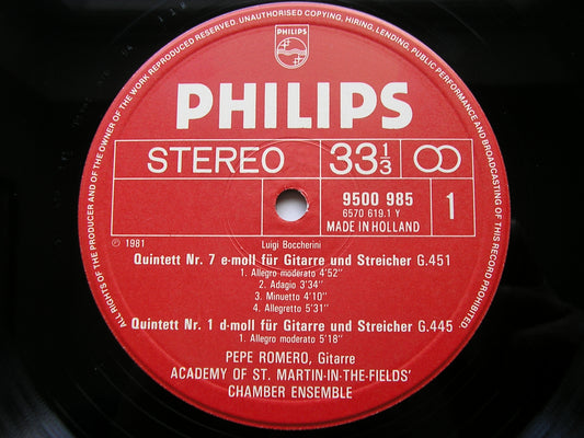 BOCCHERINI: GUITAR QUINTETS  Nos. 1 / 2 / 7        ROMERO / ACADEMY OF St MARTIN IN THE FIELDS      9500 985