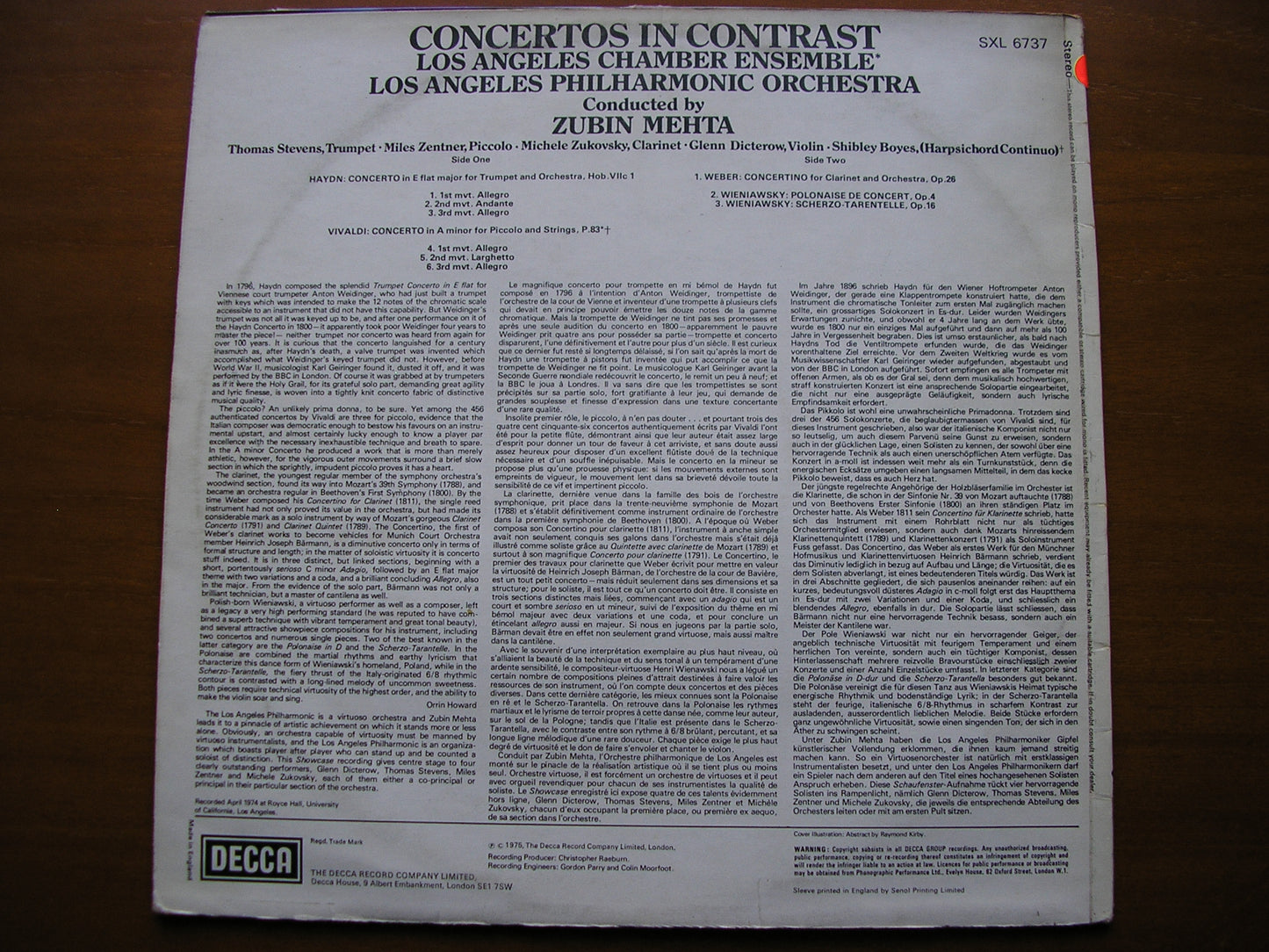 CONCERTOS: HAYDN / WEBER / VIVALDI / WIENIAWSKI SOLOISTS / LOS ANGELES PHILHARMONIC test pressing SXL 6737