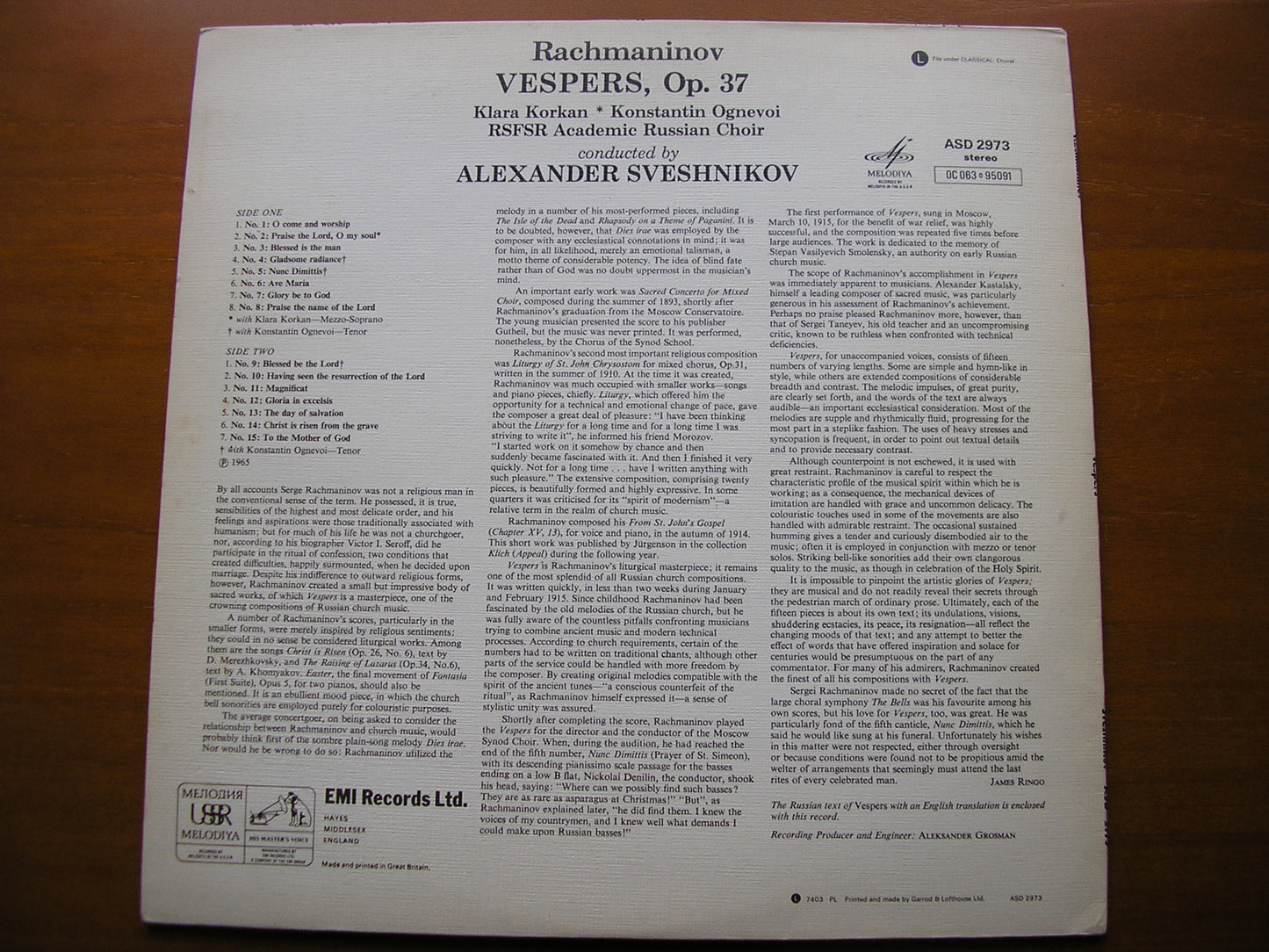 RACHMANINOV: VESPERS Op.37 KORKAN / OGNEVOI / USSR RUSSIAN CHORUS / SVESHNIKOV ASD 2973