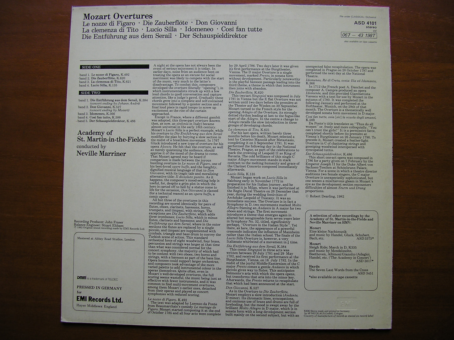 MOZART: NINE OVERTURES MARRINER / ACADEMY OF ST MARTIN IN THE FIELDS ASD 4101