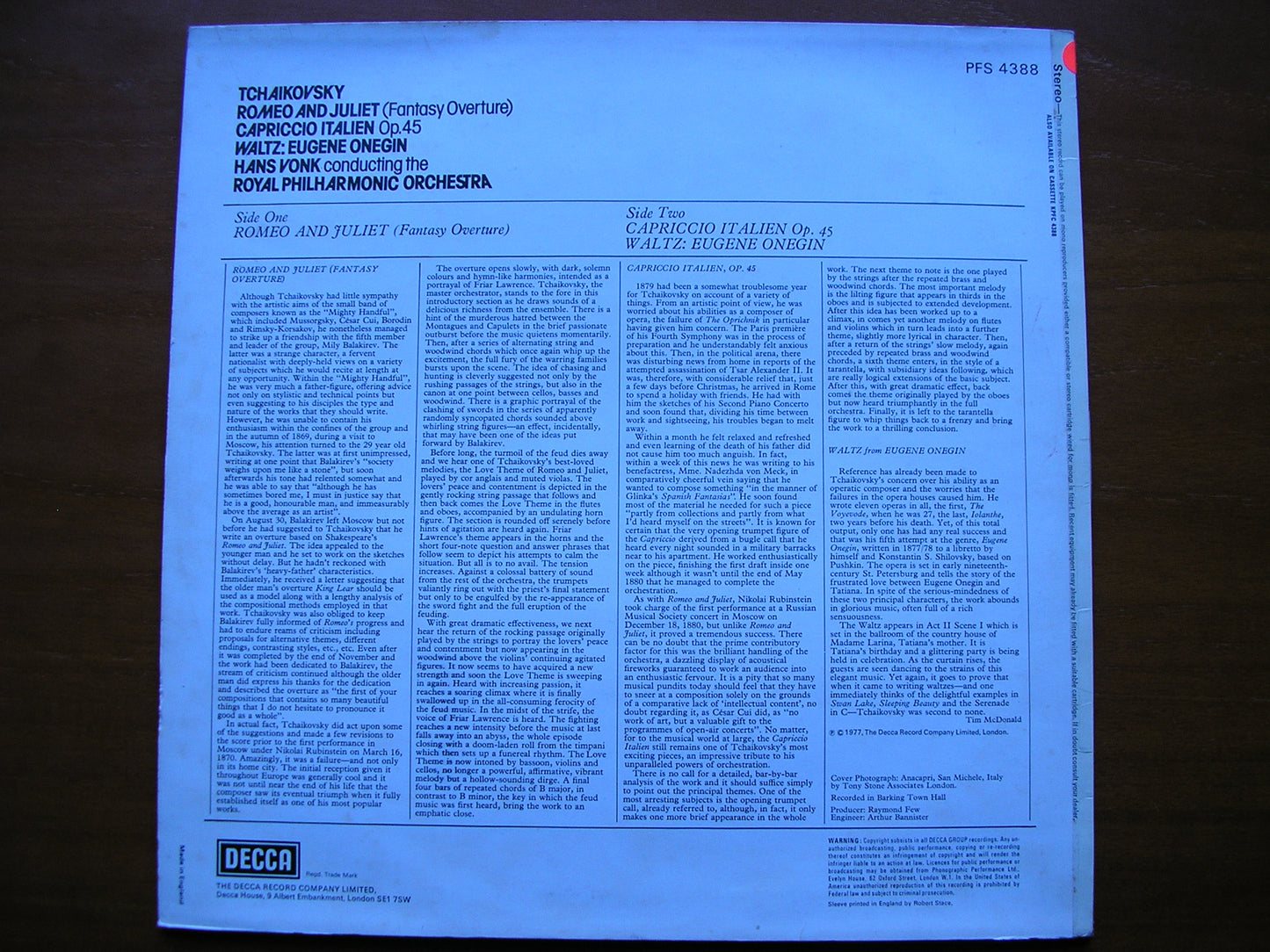 TCHAIKOVSKY: ROMEO & JULIET / CAPRICCIO ITALIEN / EUGENE ONEGIN Waltz VONK / ROYAL PHILHARMONIC test pressing PFS 4388