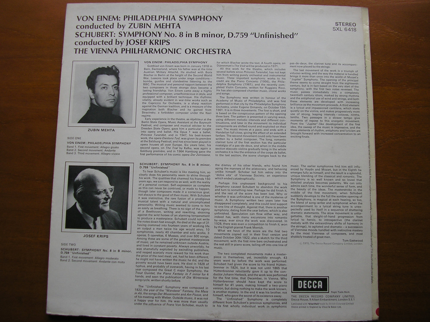 VON EINEM: PHILHADELPHIA SYMPHONY / SCHUBERT: UNFINISHED SYMPHONY KRIPS / VIENNA PHILHARMONIC SXL 6418