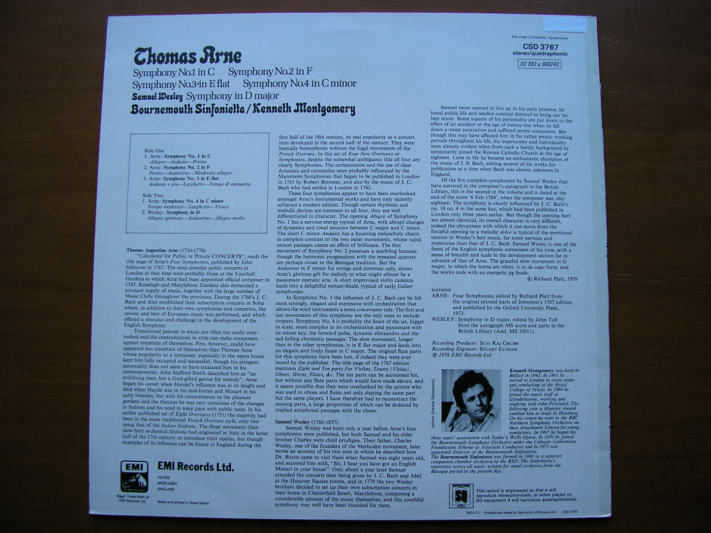 ARNE: FOUR SYMPHONIES / WESLEY: SYMPHONY in D MONTGOMERY / BOURNEMOUTH SINFONIETTA CSD 3767