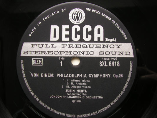 VON EINEM: PHILHADELPHIA SYMPHONY / SCHUBERT: UNFINISHED SYMPHONY      KRIPS / VIENNA PHILHARMONIC     SXL 6418