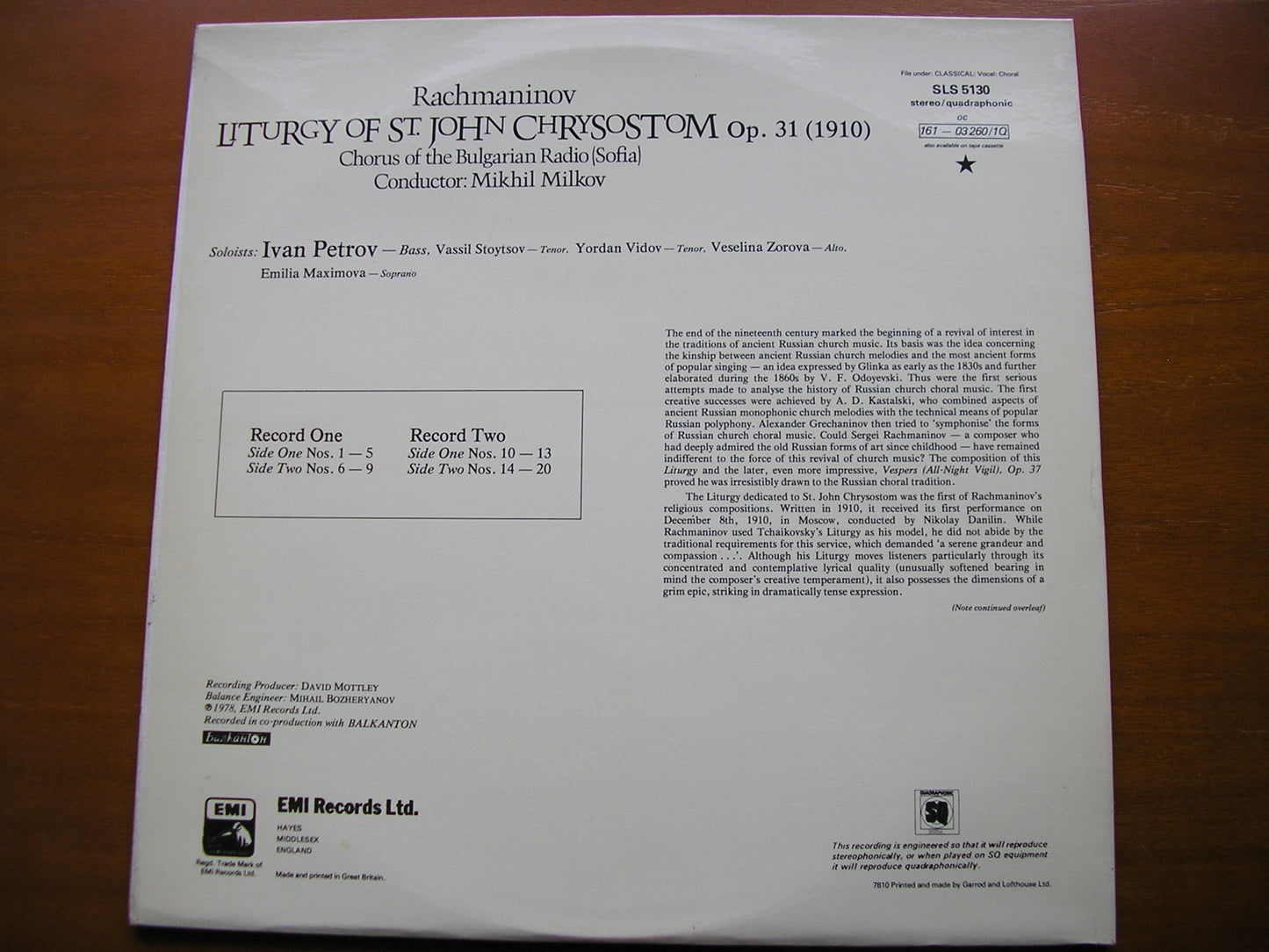 RACHMANINOV: LITURGY OF ST JOHN CHRYSOSTOM  Op. 31    SOLOISTS / CHORUS OF BULGARIAN RADIO / MILKOV  2LP    SLS 5130
