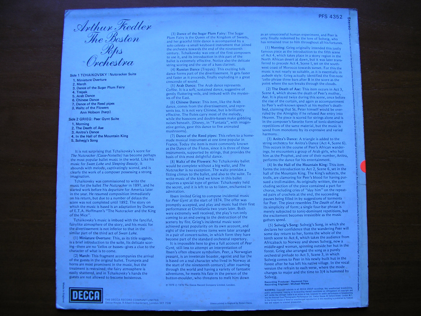 TCHAIKOVSKY: NUTCRACKER SUITE / GRIEG: PEER GYNT SUITE FIEDLER / BOSTON POPS test pressing PFS 4352