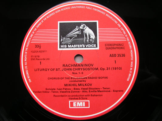 RACHMANINOV: LITURGY OF ST JOHN CHRYSOSTOM  Op. 31    SOLOISTS / CHORUS OF BULGARIAN RADIO / MILKOV  2LP    SLS 5130