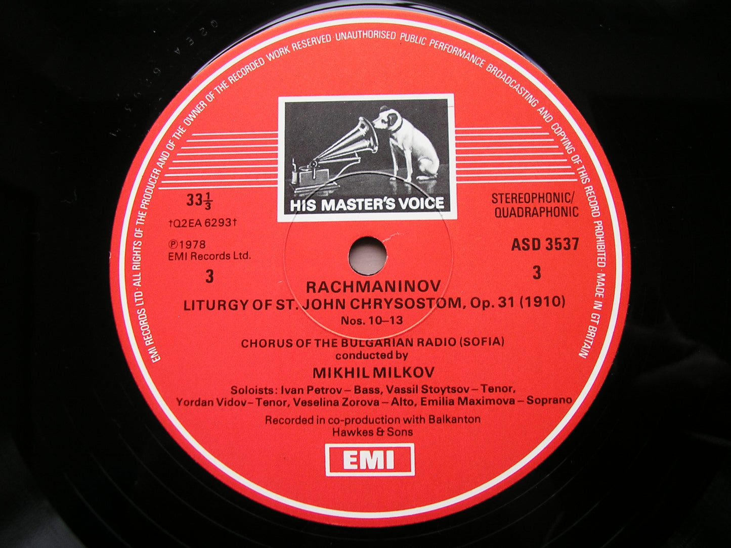 RACHMANINOV: LITURGY OF ST JOHN CHRYSOSTOM  Op. 31    SOLOISTS / CHORUS OF BULGARIAN RADIO / MILKOV  2LP    SLS 5130