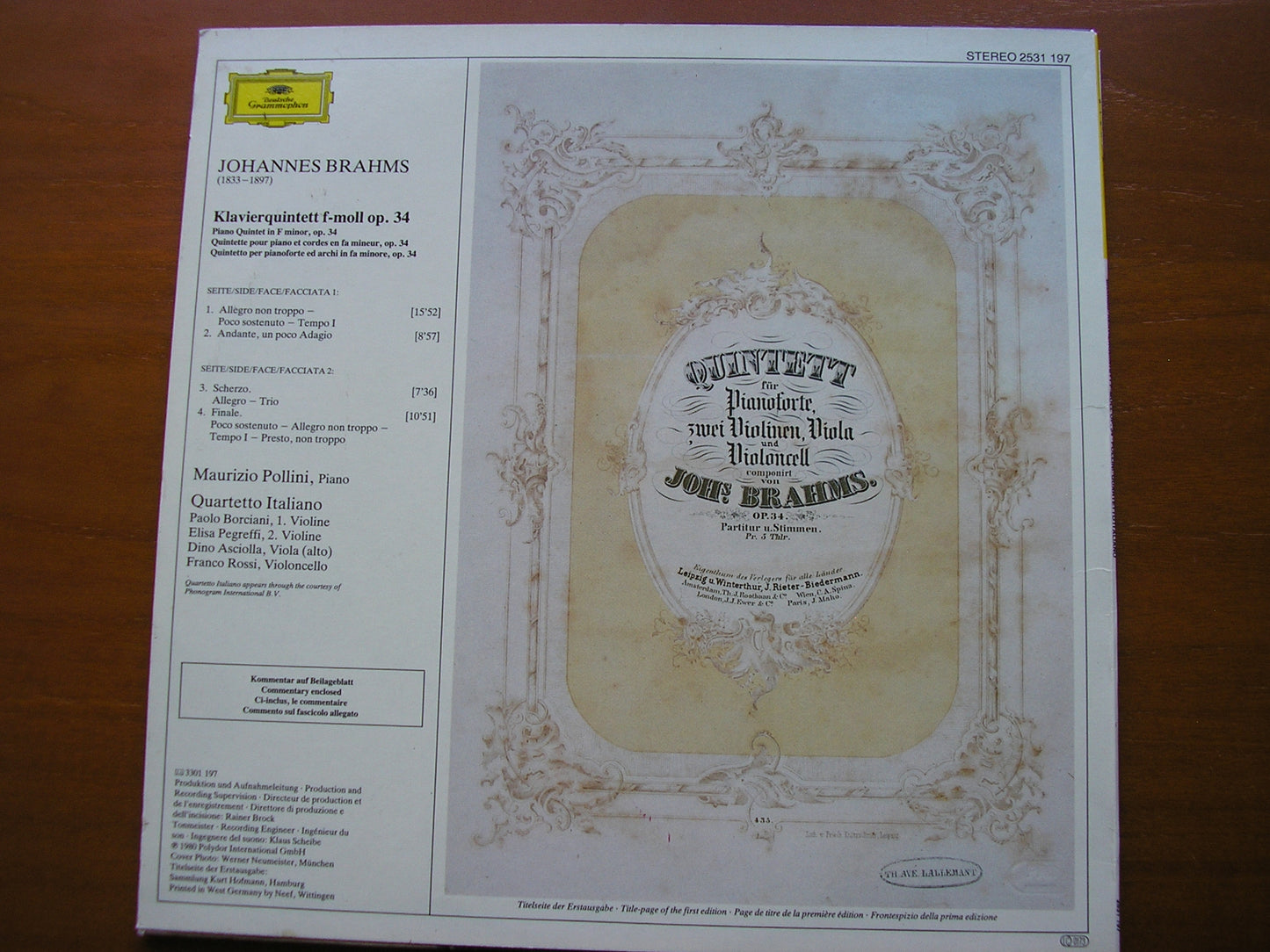 BRAHMS: PIANO QUINTET Op. 34 POLLINI / QUARTETTO ITALIANO 415 274