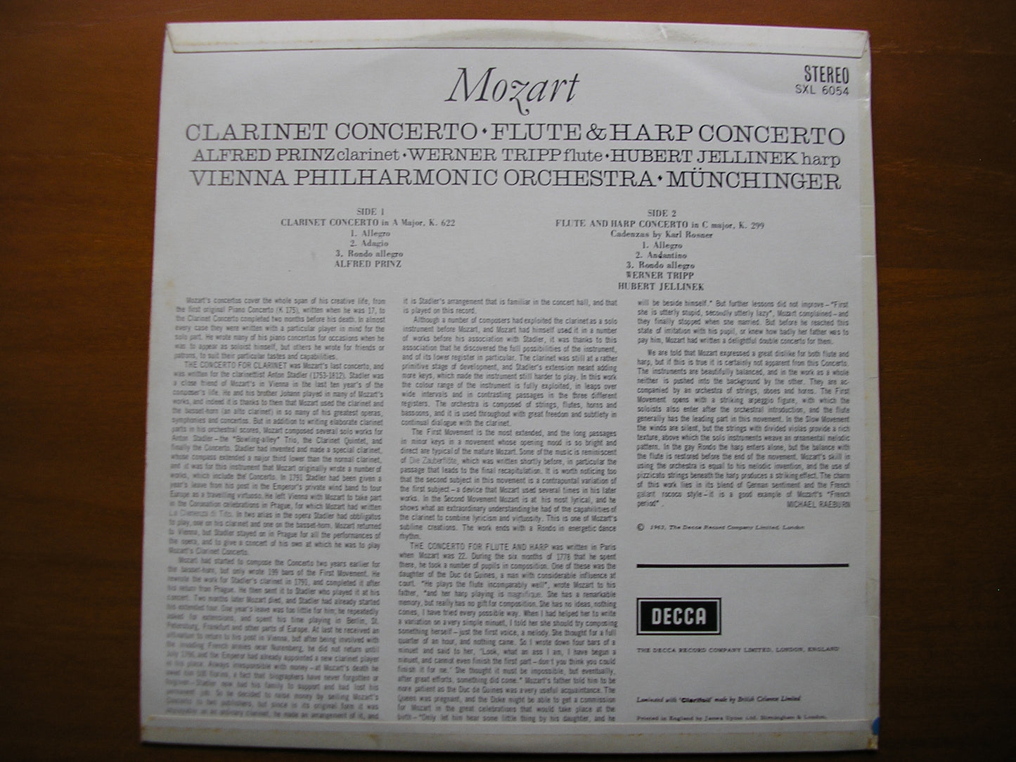 SXL 6054 MOZART: CLARINET CONCERTO / FLUTE & HARP CONCERTO PRINZ / TRIPP / JELLINEK / VIENNA PHILHARMONIC / MUNCHINGER ED1