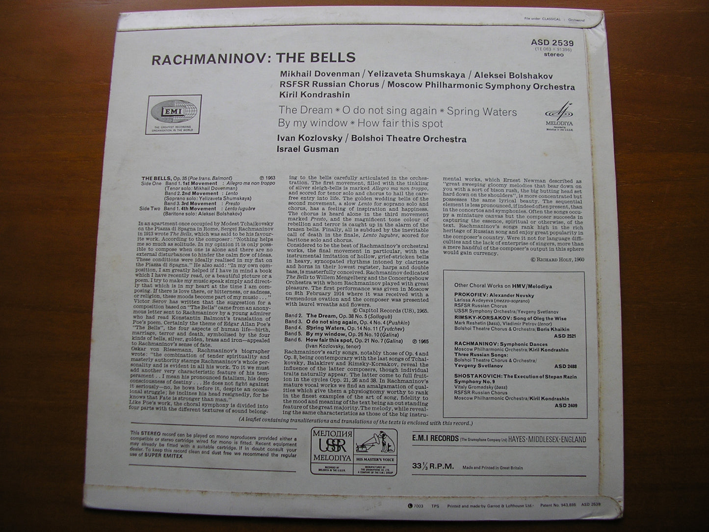 RACHMANINOV: THE BELLS / FIVE SONGS     KOZLOVSKY / SOLOISTS / RSFSR RUSSIAN CHORUS / MOSCOW PHILHARMONIC / KONDRASHIN    ASD 2539