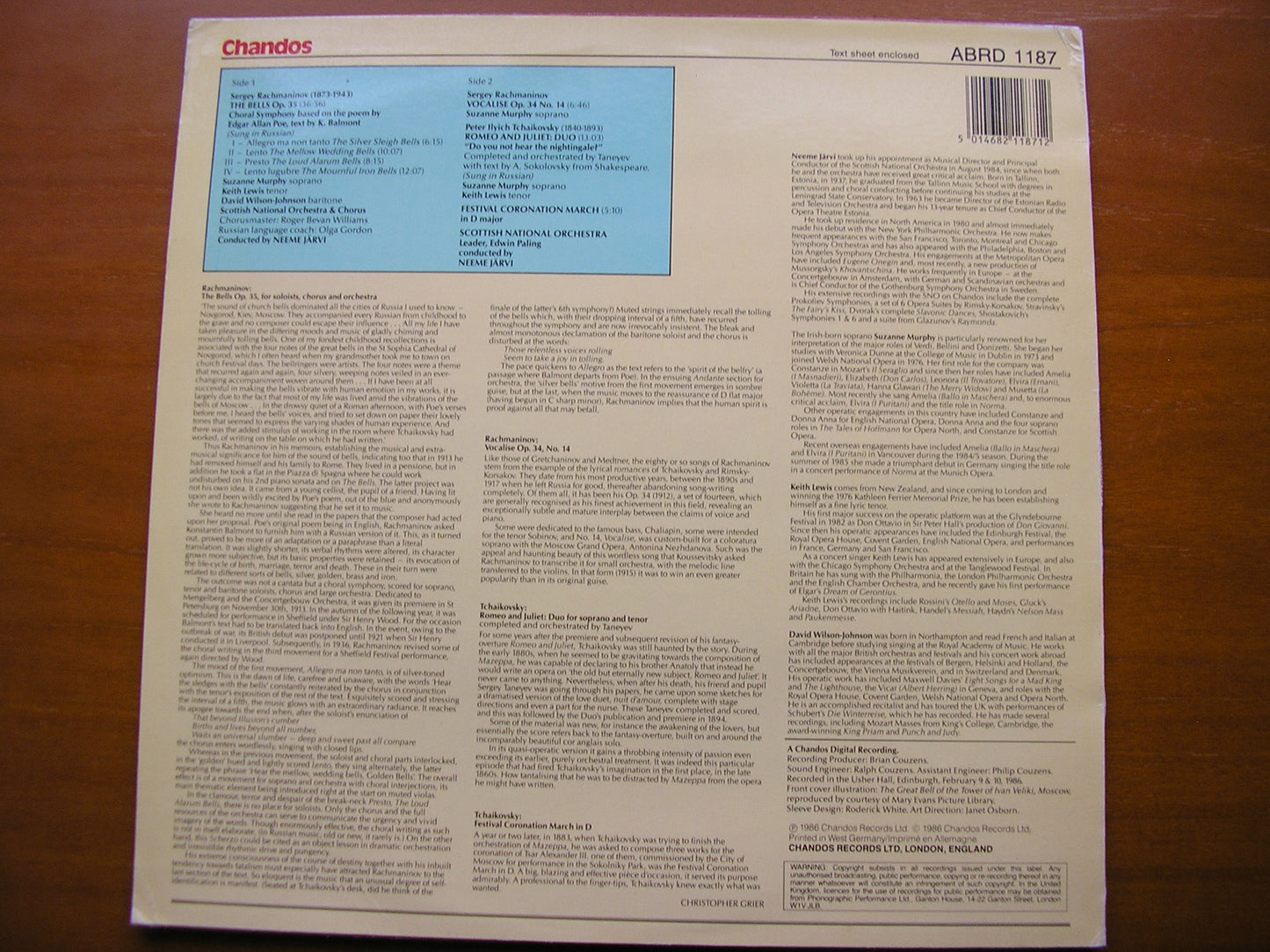 RACHMANINOV: THE BELLS / VOCALISE / TCHAIKOVSKY: ROMEO & JULIET DUO      SOLOISTS /  SCOTTISH NATIONAL ORCHESTRA & CHORUS / JARVI      ABRD 1187