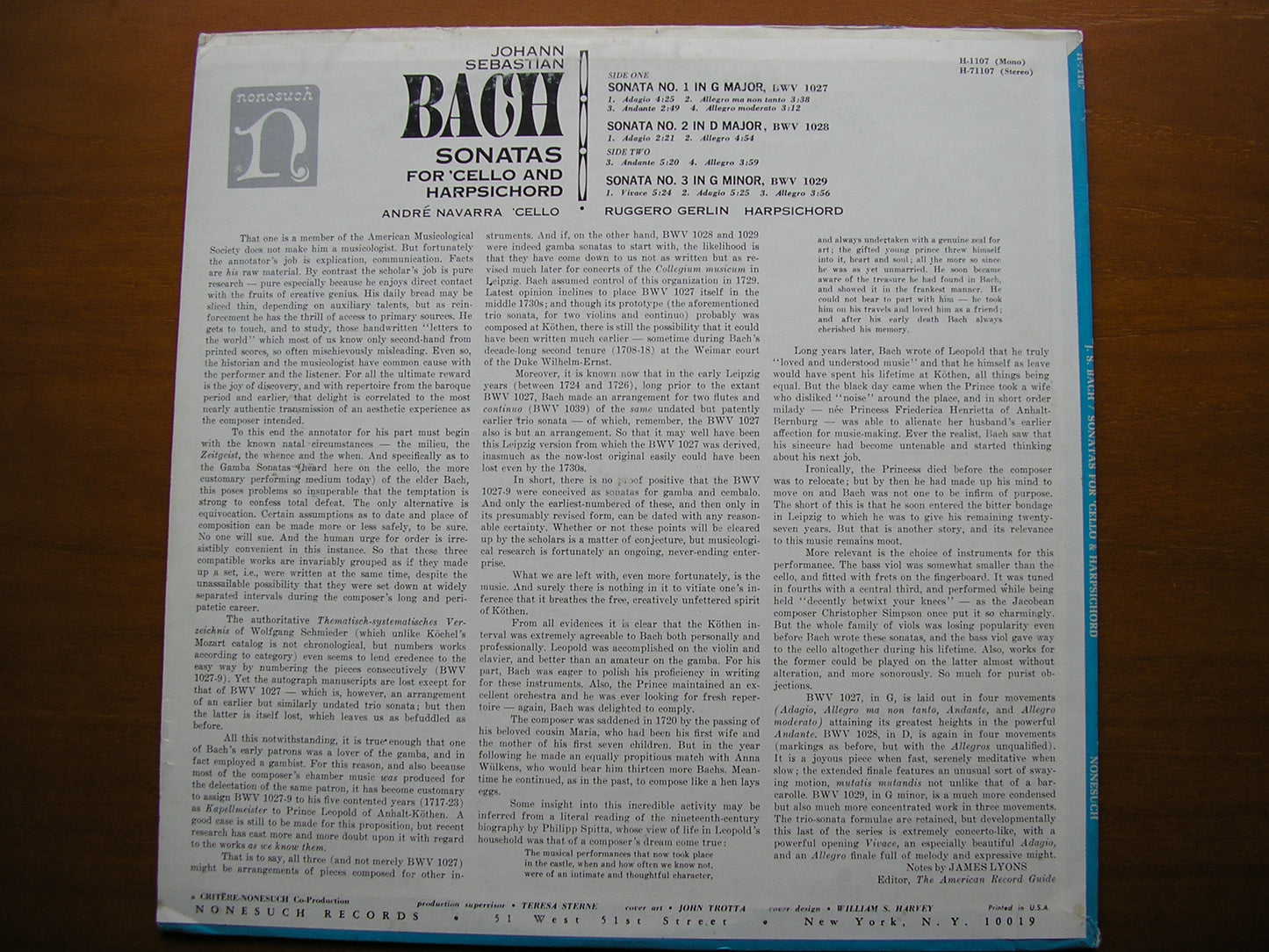 BACH: SONATAS FOR CELLO & HARPSICHORD BWV 1027/29 NAVARRA / GERLIN H-71107