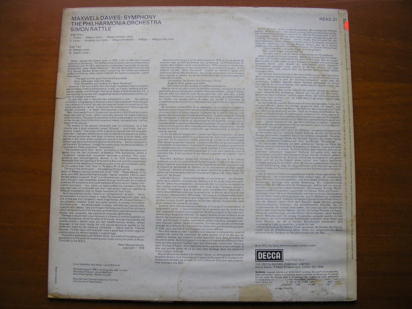 MAXWELL DAVIES: SYMPHONY RATTLE / PHILHARMONIA test pressing HEAD 21