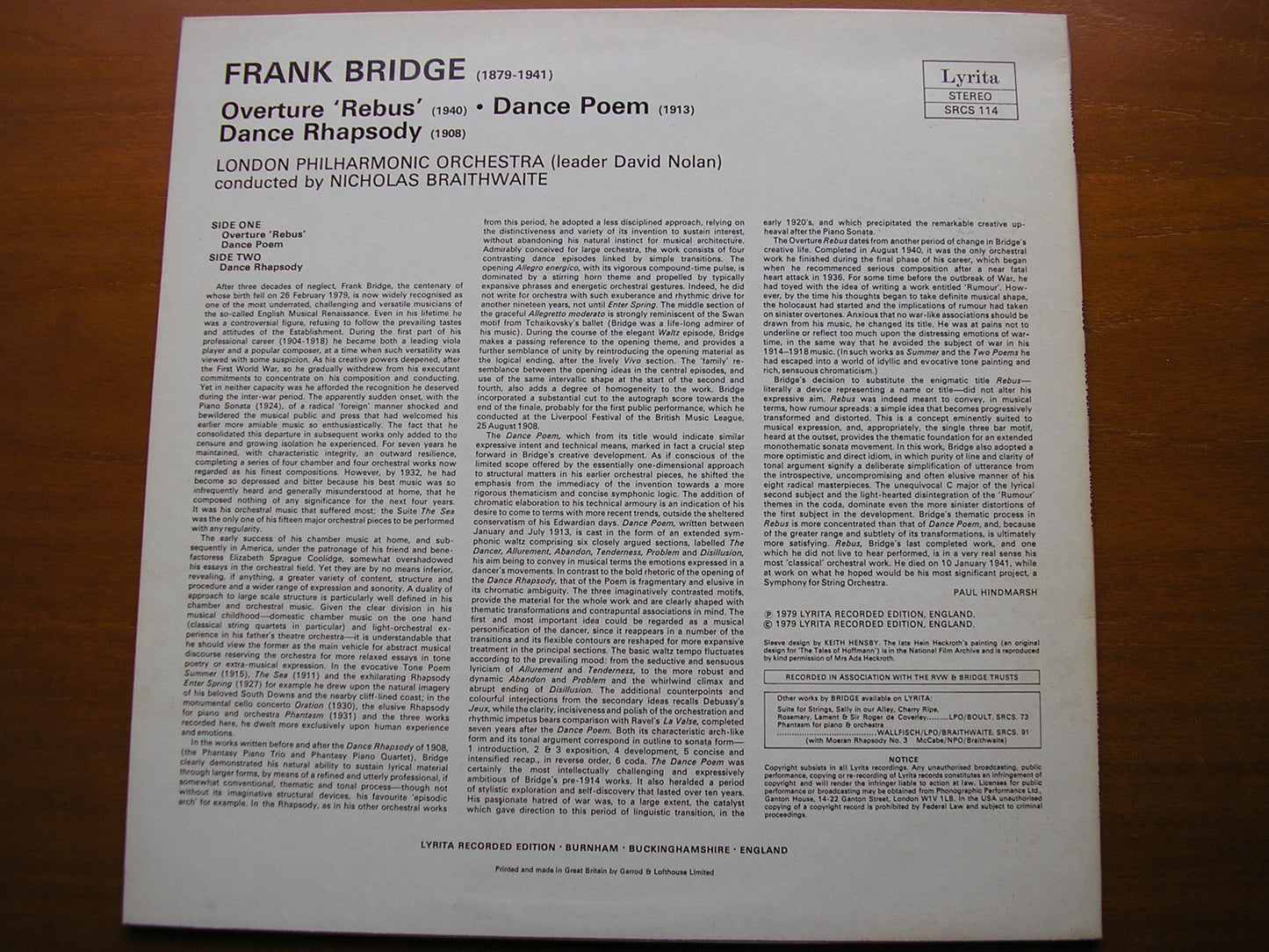 BRIDGE: DANCE RHAPSODY / OVERTURE Rebus / DANCE POEM BRAITHWAITE / LONDON PHILHARMONIC SRCS 114