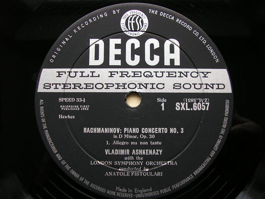 SXL 6057 RACHMANINOV: PIANO CONCERTO No. 3 ASHKENAZY / LONDON SYMPHONY / FISTOULARI ED1
