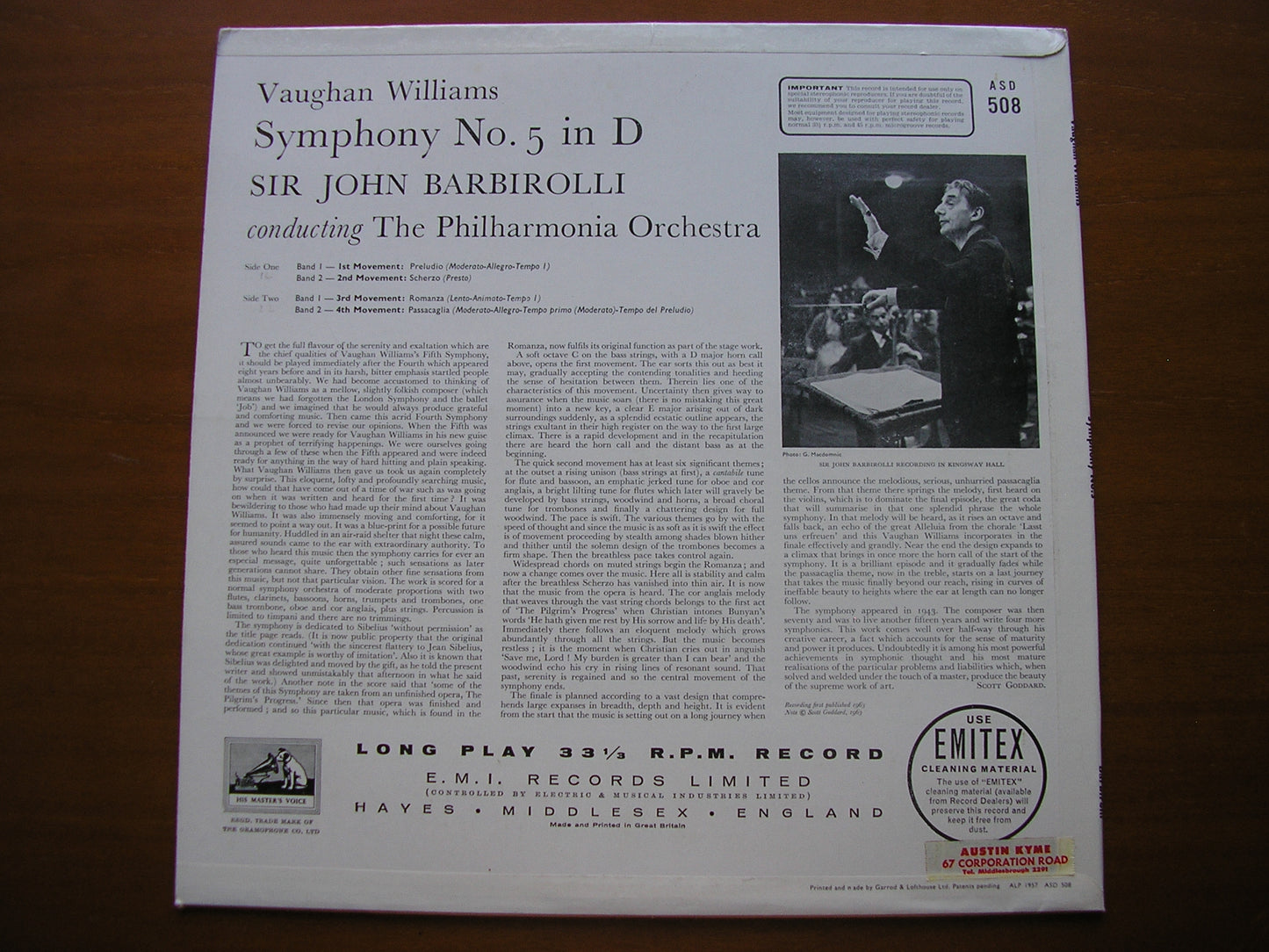 VAUGHAN WILLIAMS: SYMPHONY No. 5 BARBIROLLI / PHILHARMONIA ASD 508