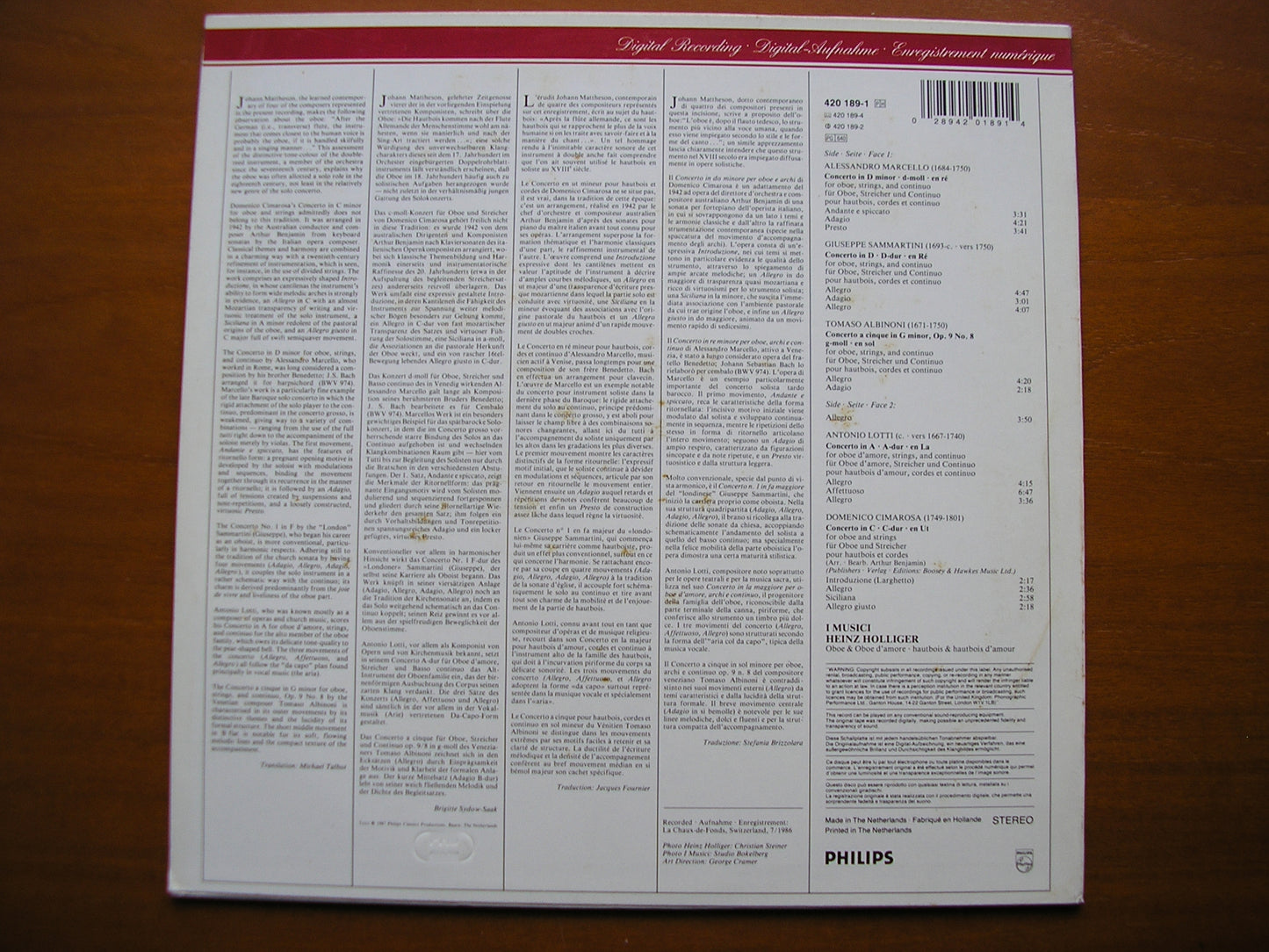 ALBINONI / CIMAROSA / MARCELLO / SAMMARTINI / LOTTI : OBOE CONCERTOS HOLLIGER / I MUSICI 420 189