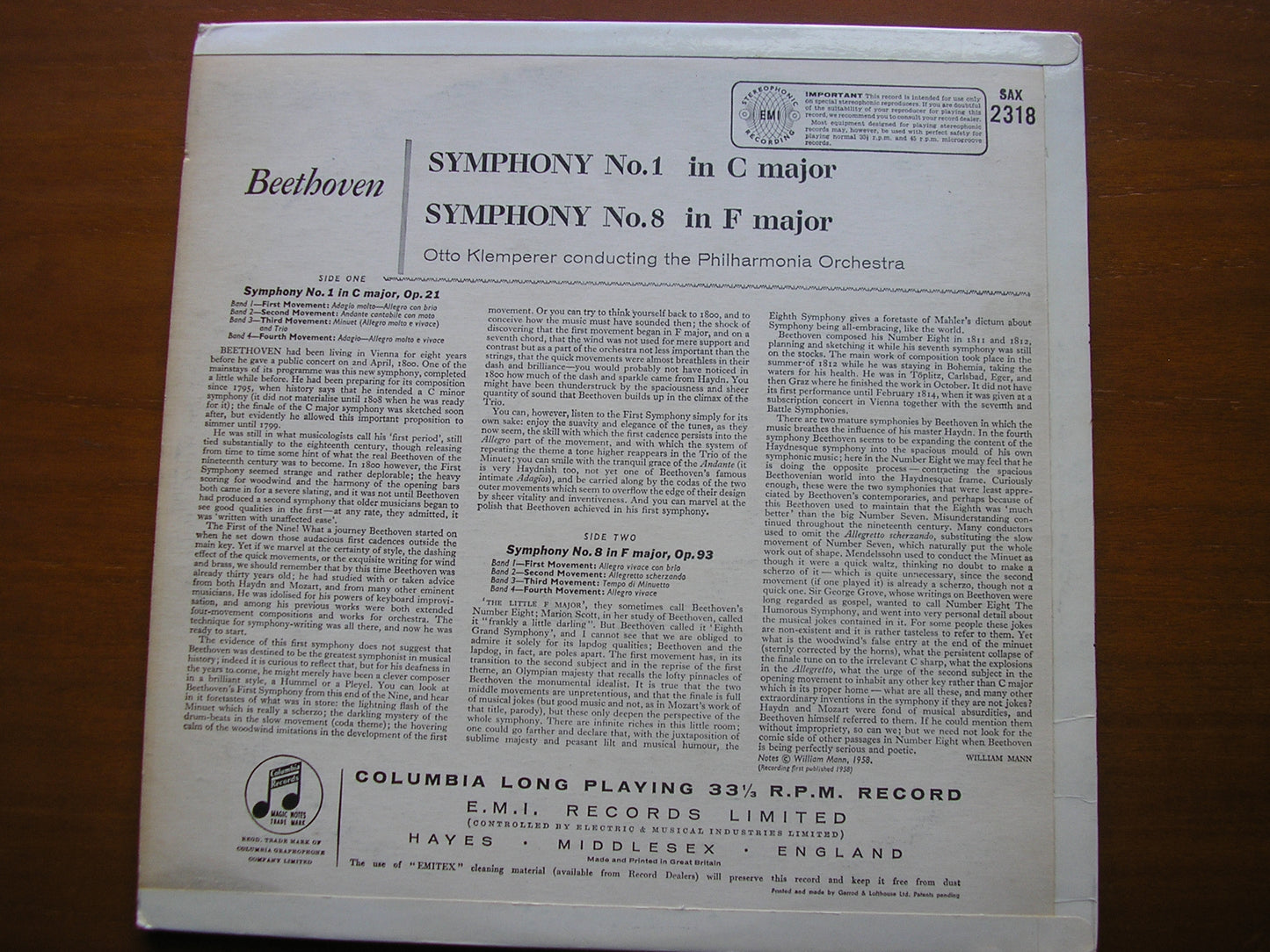 SAX 2318  BEETHOVEN: SYMPHONIES Nos. 1 & 8     KLEMPERER / PHILHARMONIA