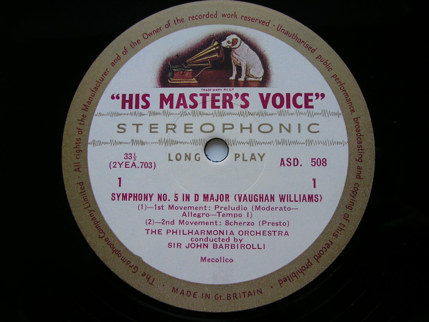 VAUGHAN WILLIAMS: SYMPHONY No. 5 BARBIROLLI / PHILHARMONIA ASD 508