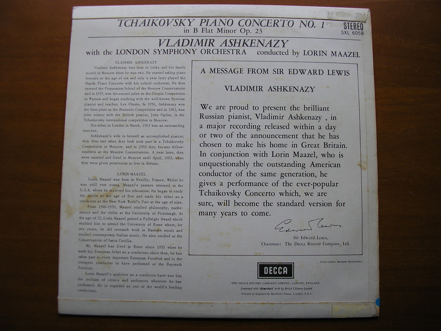 SXL 6058 TCHAIKOVSKY: PIANO CONCERTO No. 1 ASHKENAZY / LONDON SYMPHONY / MAAZEL ED1