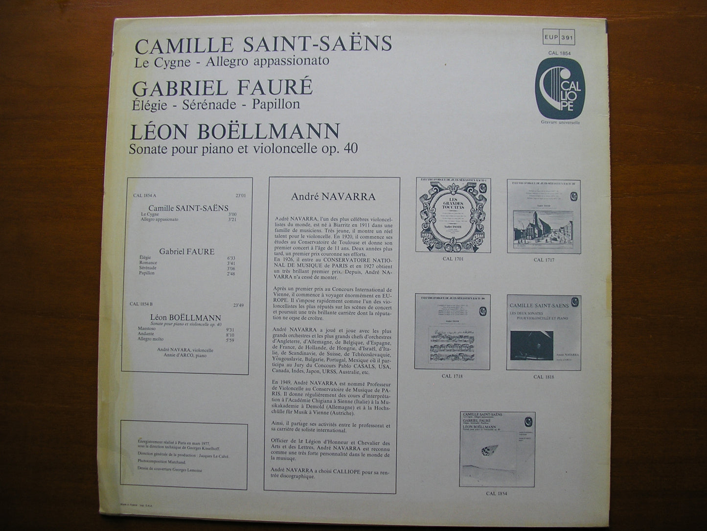 SAINT-SAENS / FAURE / BOELLMANN: MUSIC FOR CELLO & PIANO ANDRE NAVARRA / ANNIE D'ARCO CAL 1854