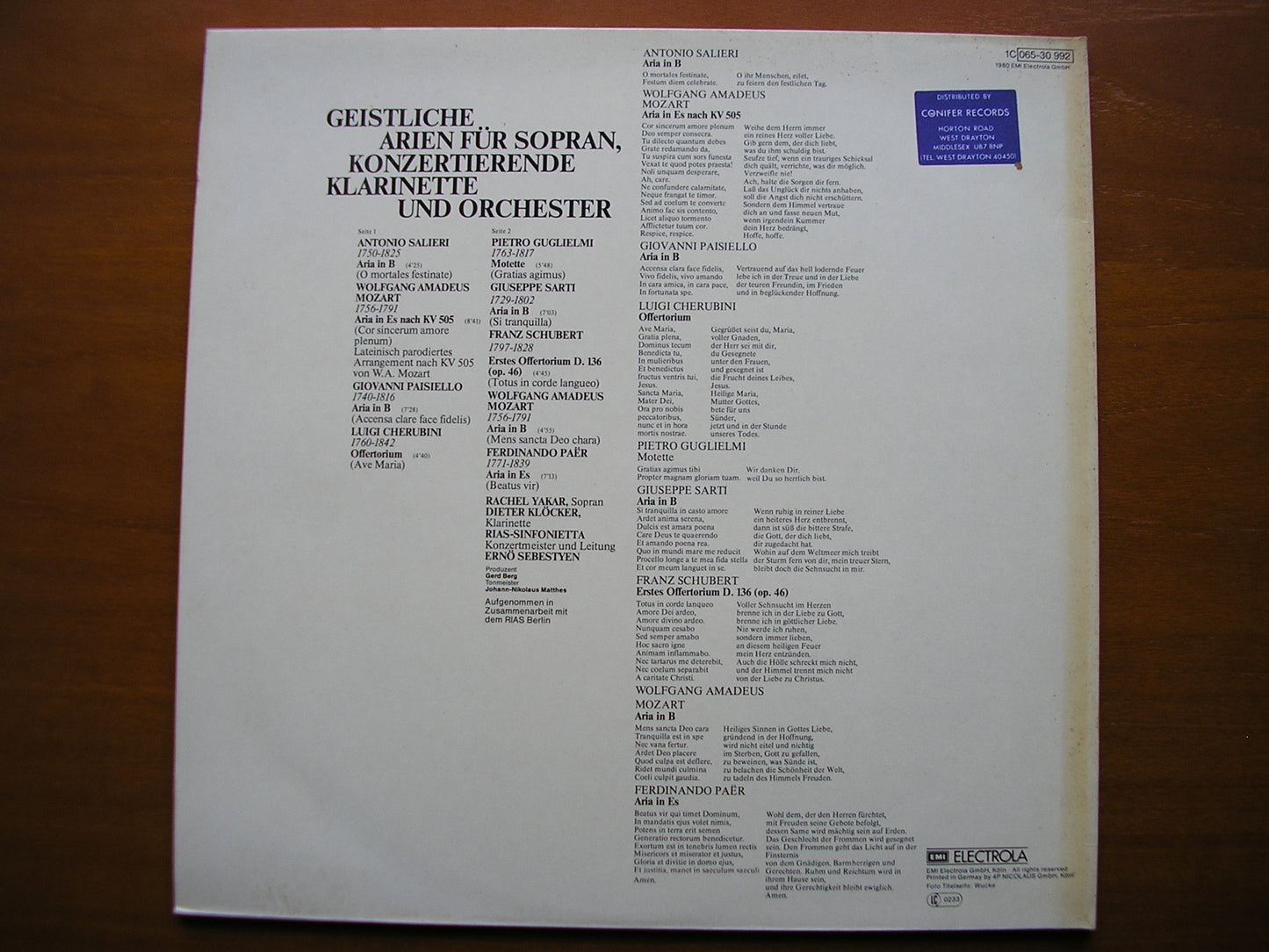 SALIERI / PAER / CHERUBINI / MOZART / SCHUBERT / SARTI / PAISIELLO / GUGLIELMI: SACRED ARIAS YAKAR / KLOCKER / RIAS SINFONIETTA / SEBESTYEN 065 30 992