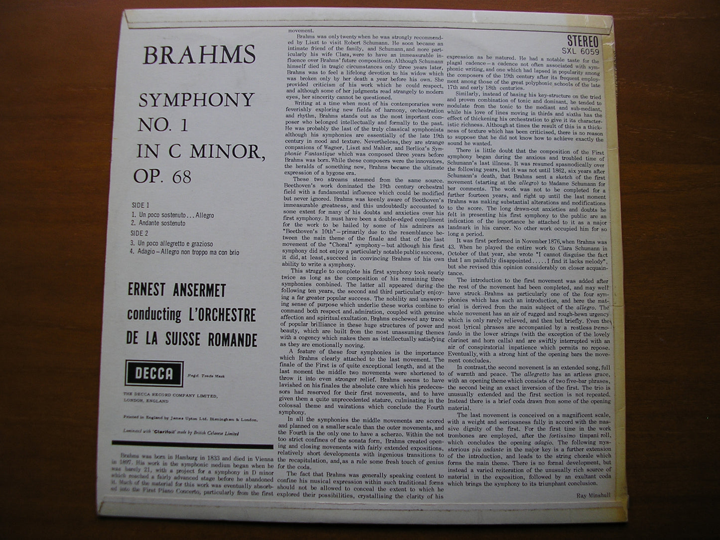 SXL 6059 BRAHMS: SYMPHONY No.1 ANSERMET / SUISSE ROMANDE ED1