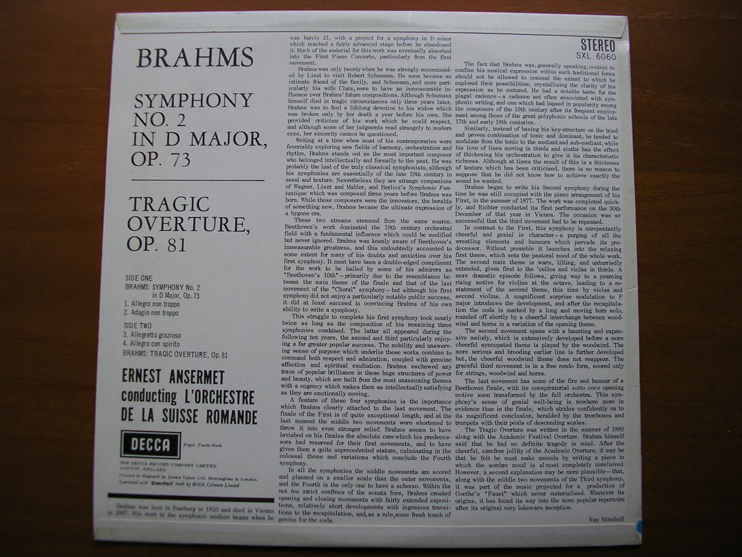 SXL 6060 BRAHMS: SYMPHONY No. 2 / TRAGIC OVERTURE ANSERMET / SUISSE ROMANDE ED1