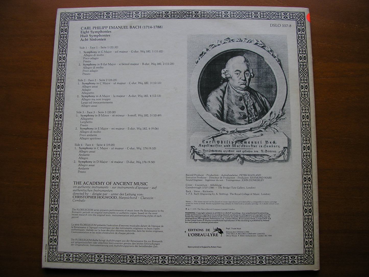 BACH CPE: EIGHT SYMPHONIES HOGWOOD / ACADEMY OF ANCIENT MUSIC 2LP test pressing DSLO 557-8