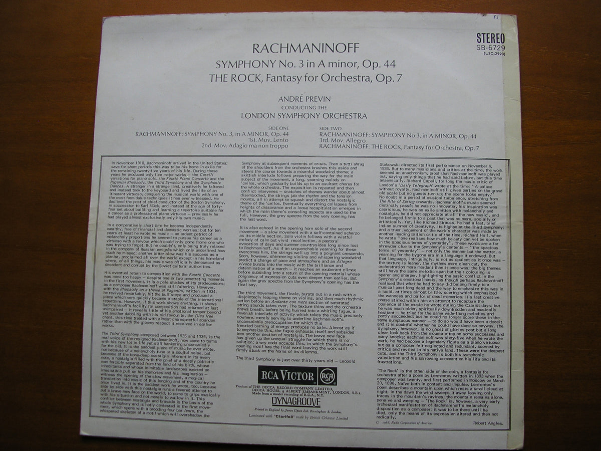 RACHMANINOV: SYMPHONY No. 3 / THE ROCK PREVIN / LONDON SYMPHONY SB 6729