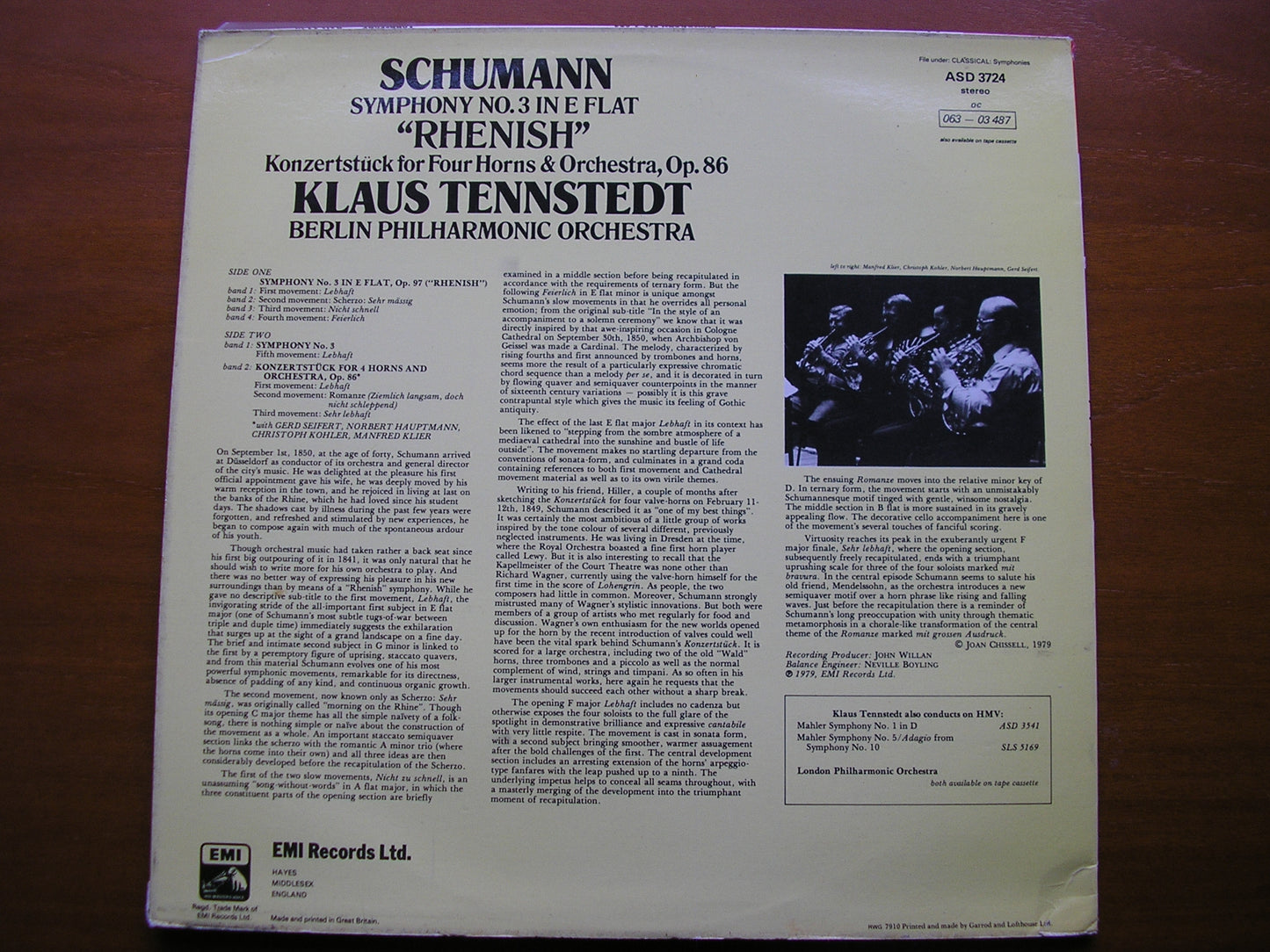 SCHUMANN: SYMPHONY No. 3 / KONZERTSTUCK FOR 4 HORNS & ORCHESTRA Op. 86       TENNSTEDT / BERLIN PHILHARMONIC       ASD 3724