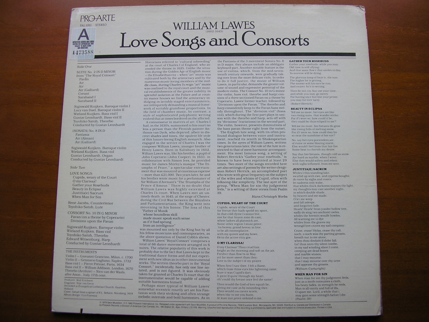 LAWES: LOVE SONGS & CONSORTS     SOLOISTS / LEONHARDT     PAL 1061