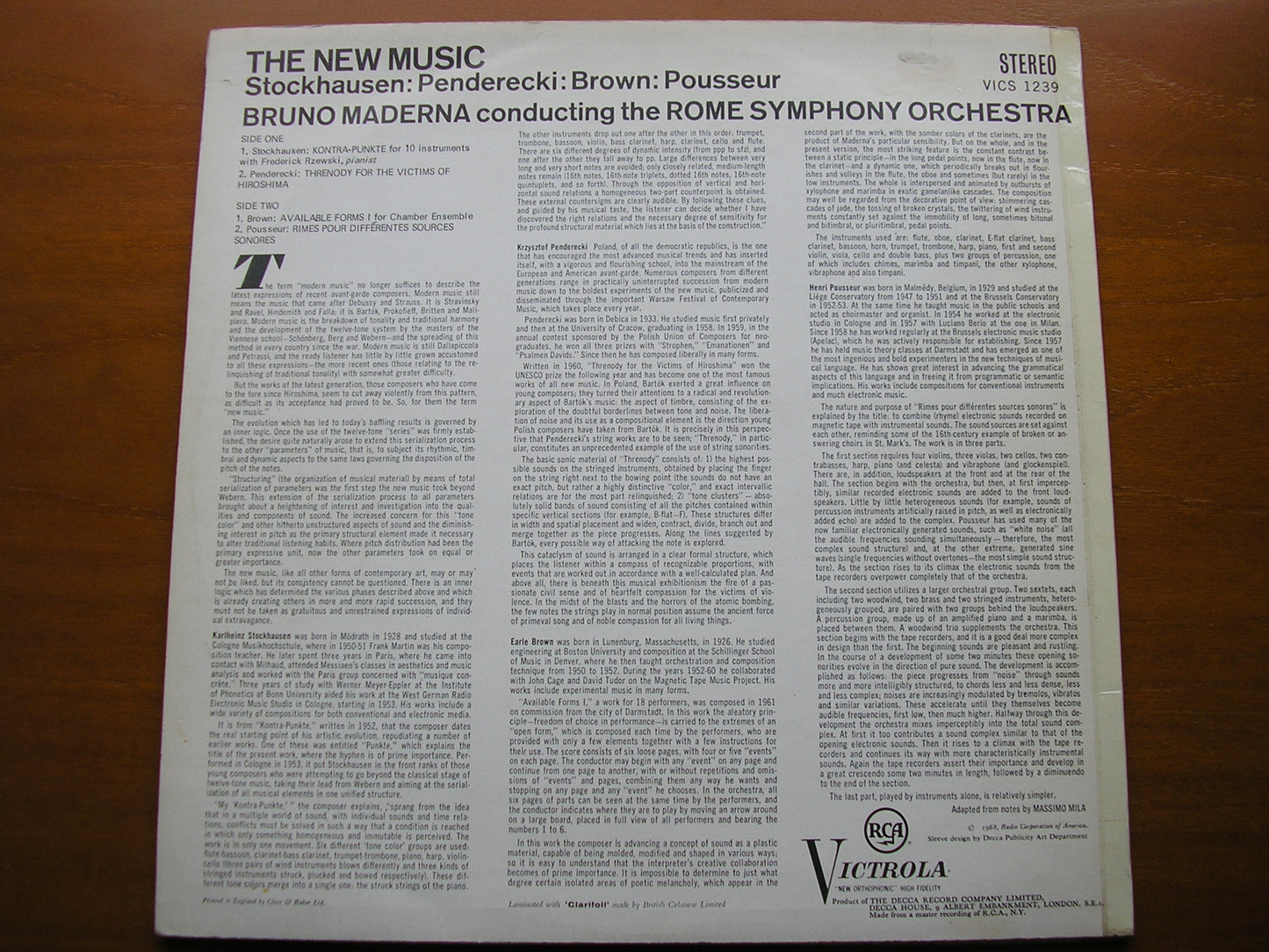 THE NEW MUSIC: STOCKHAUSEN / PENDERECKI / BROWN / POUSSEUR ROME SYMPHONY / MADERNA VICS 1239