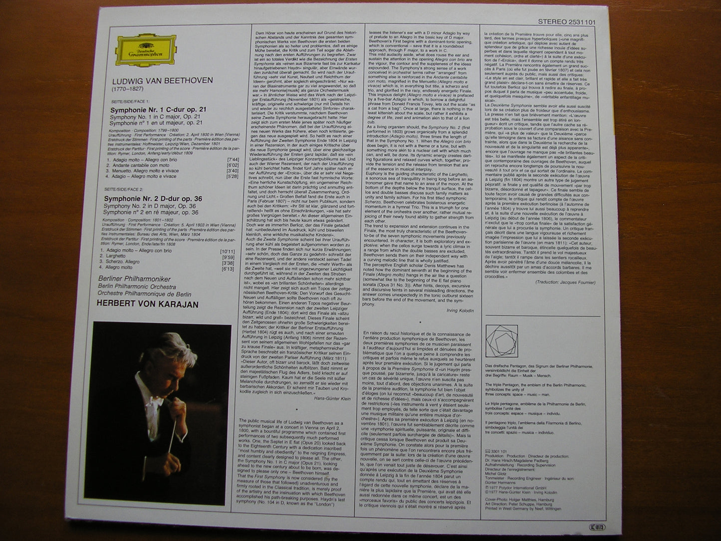 BEETHOVEN: SYMPHONIES Nos. 1 & 2 KARAJAN / BERLIN PHILHARMONIC 2531 101