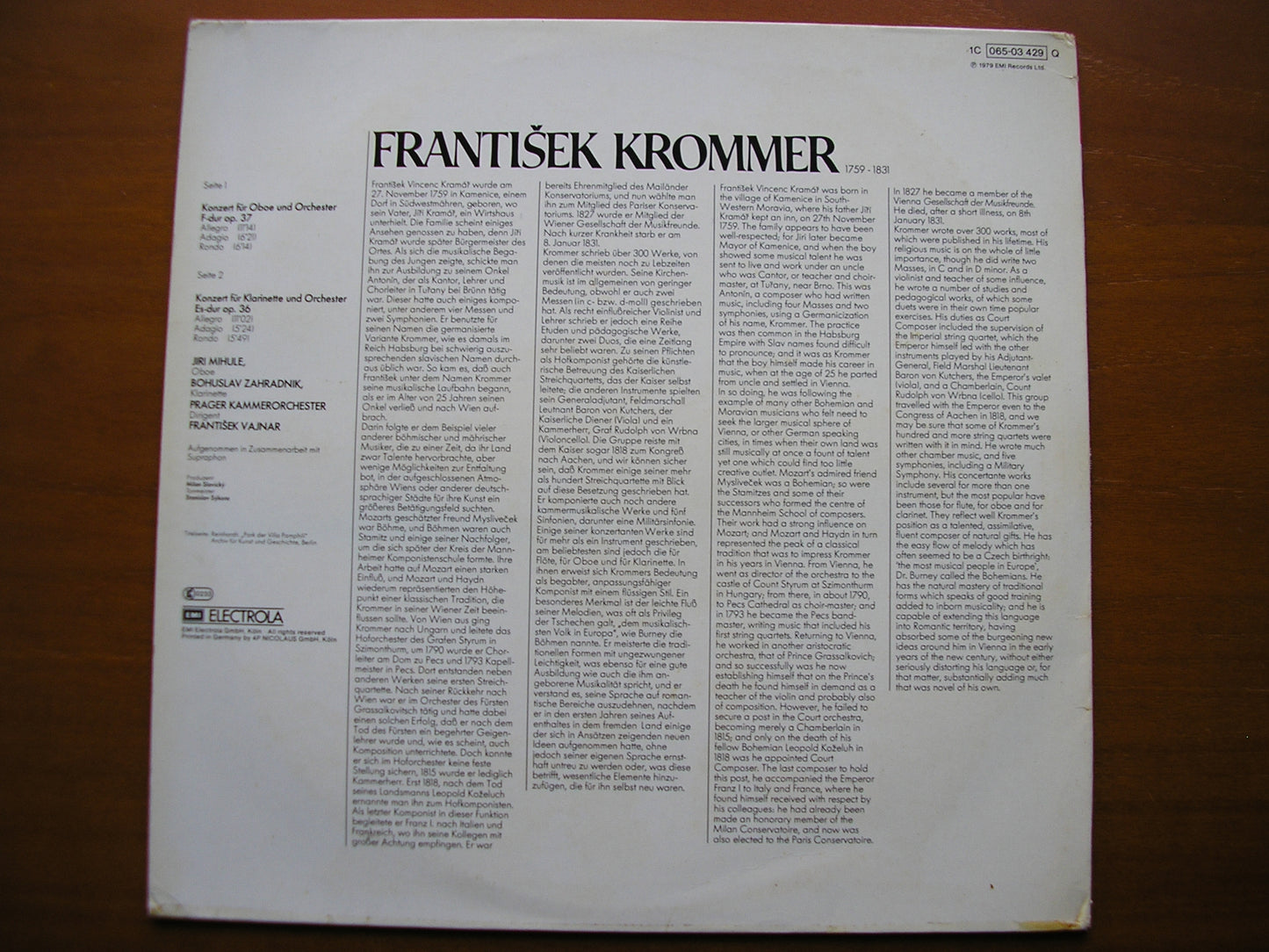 KROMMER: OBOE CONCERTO / CLARINET CONCERTO MIHULE / ZAHRADNIK / PRAGUE CHAMBER ORCHESTRA / VAJNAR 065 03 429