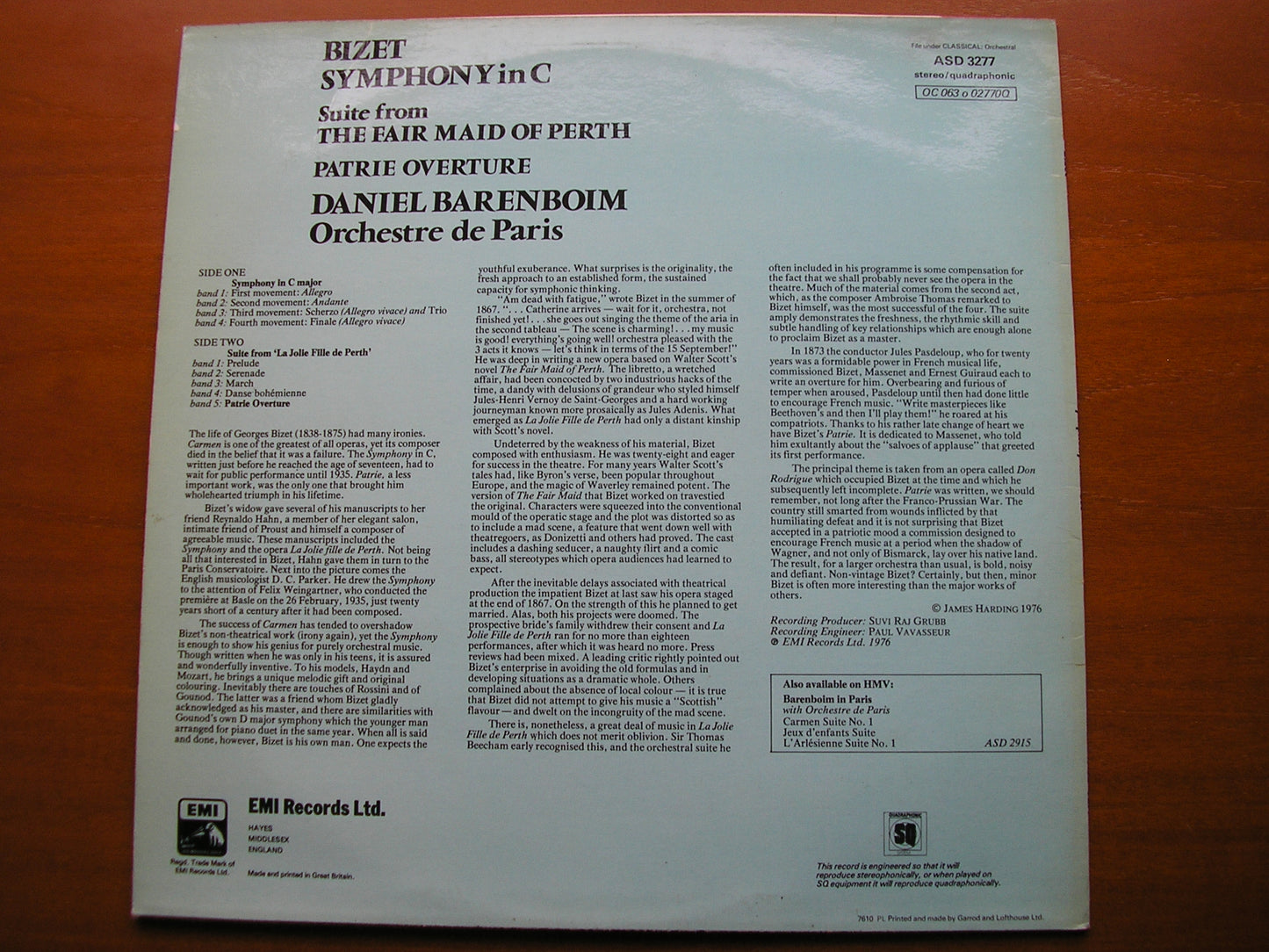 BIZET: SYMPHONY in C / THE FAIR MAID OF PERTH Suite / OVERTURE Patrie      DANIEL BARENBOIM / ORCHESTRE de PARIS     ASD 3277