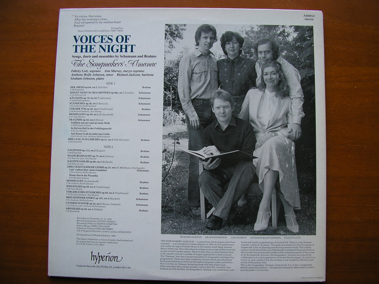 VOICES OF THE NIGHT: SONGS / DUETS / ENSEMBLES by SCHUMANN & BRAHMS THE SONGMAKERS' ALMANAC A66053