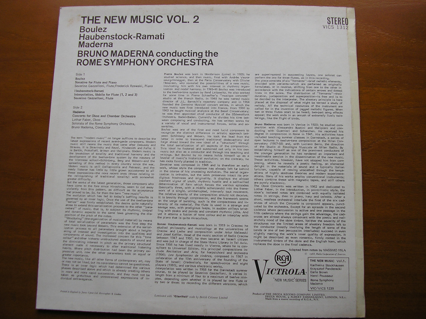 THE NEW MUSIC Volume 2 BOULEZ / MADERNA / HAUBENSTOCK-RAMATI ROME SYMPHONY / MADERNA VICS 1312