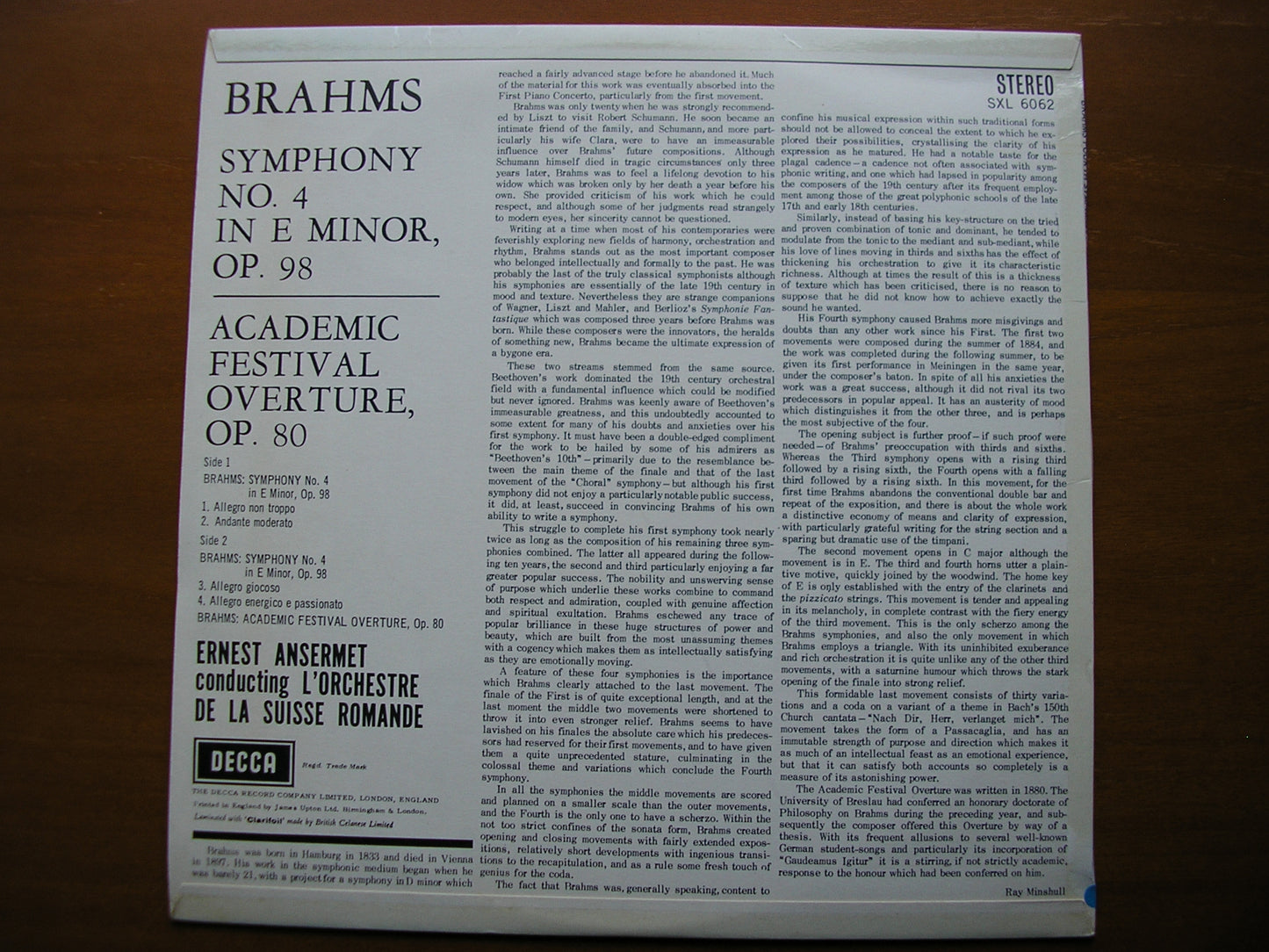 SXL 6062 BRAHMS: SYMPHONY No. 4 / ACADEMIC FESTIVAL OVERTURE ANSERMET / SUISSE ROMANDE ED1