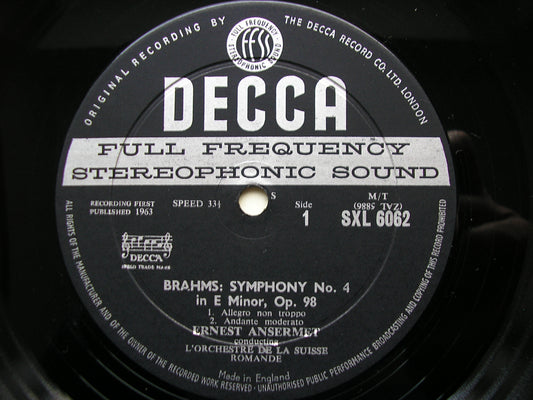 SXL 6062 BRAHMS: SYMPHONY No. 4 / ACADEMIC FESTIVAL OVERTURE ANSERMET / SUISSE ROMANDE ED1