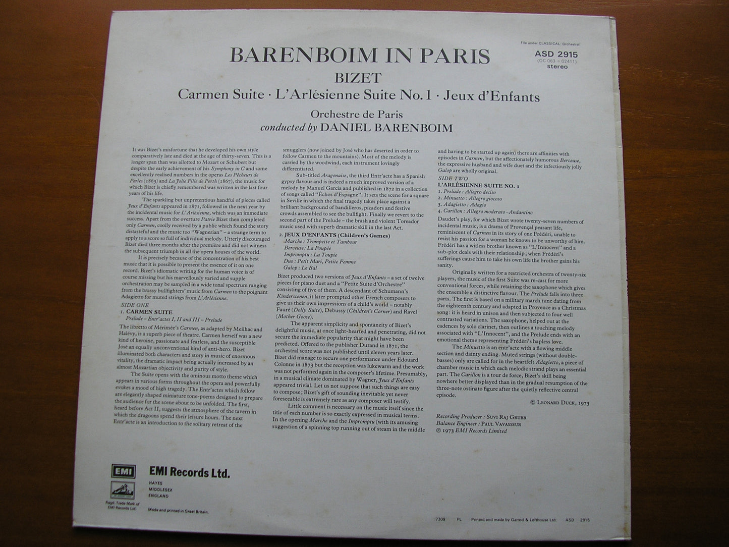 BIZET: CARMEN Suite / L'ARLESIENNE Suite No. 1 / JEUX D'ENFANTS     BARENBOIM / ORCHESTRE de PARIS     ASD 2915