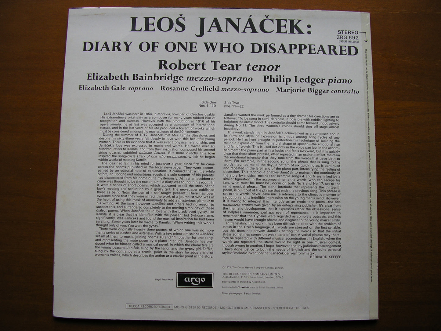 JANACEK: DIARY OF ONE WHO DISAPPEARED TEAR / BAINBRIDGE / LEDGER ZRG 692
