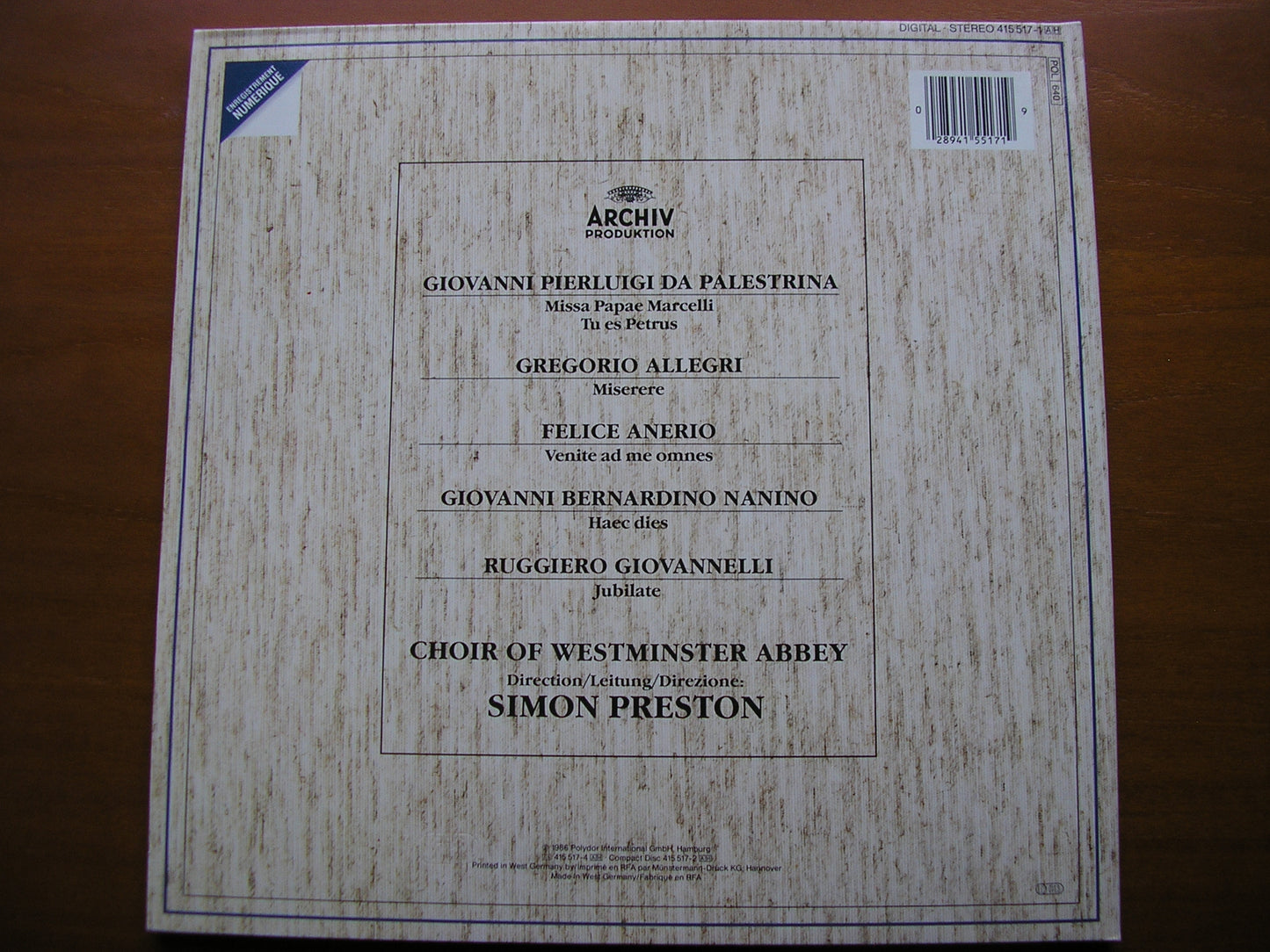 PALESTRINA: MISSA PAPAE MARCELLI / ALLEGRI: MISERERE     WESTMINSTER ABBEY CHOIR / PRESTON     415 517
