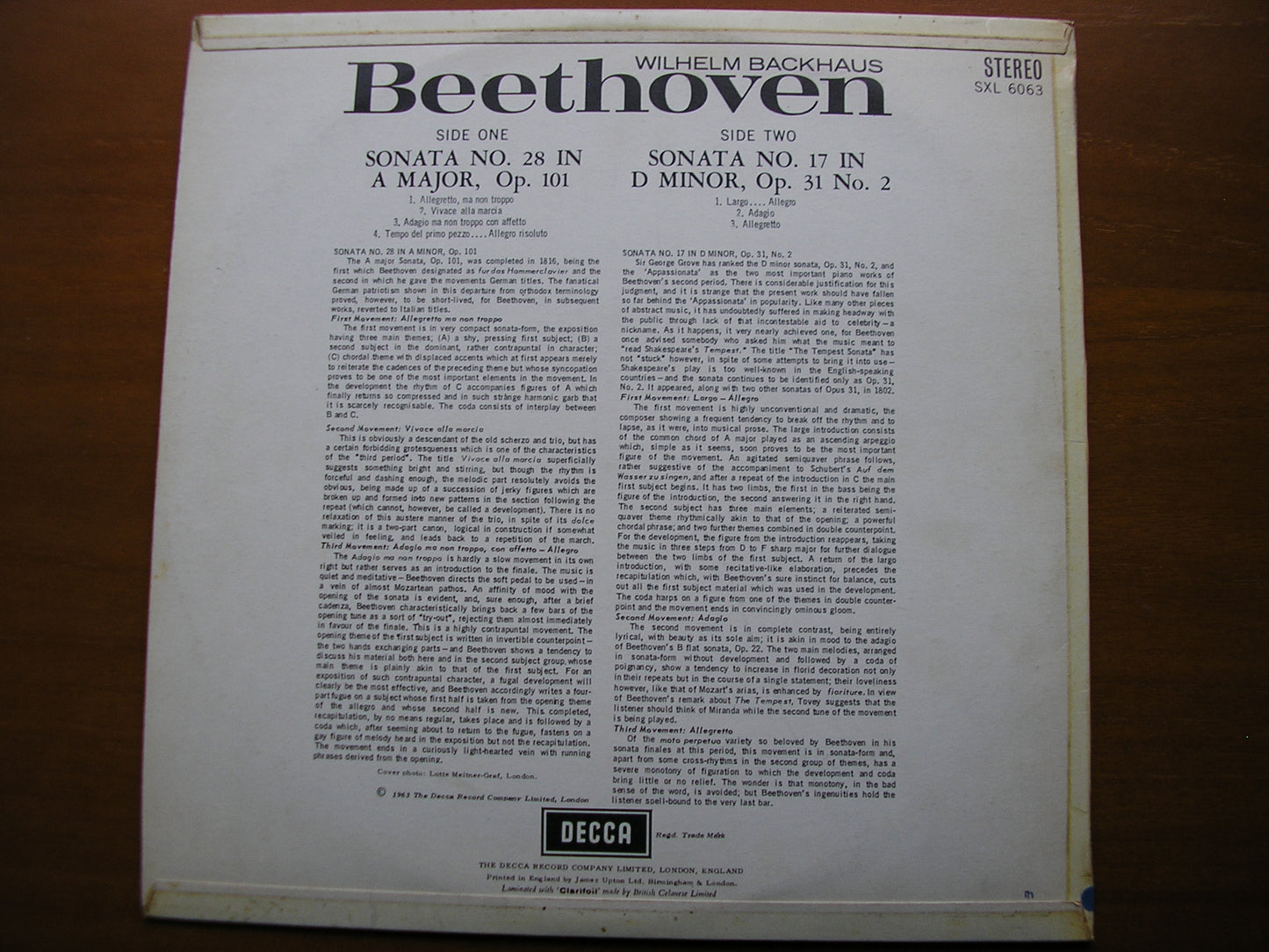 SXL 6063 BEETHOVEN: PIANO SONARAS Nos. 17 & 28 WILELM BACKHAUS ED1